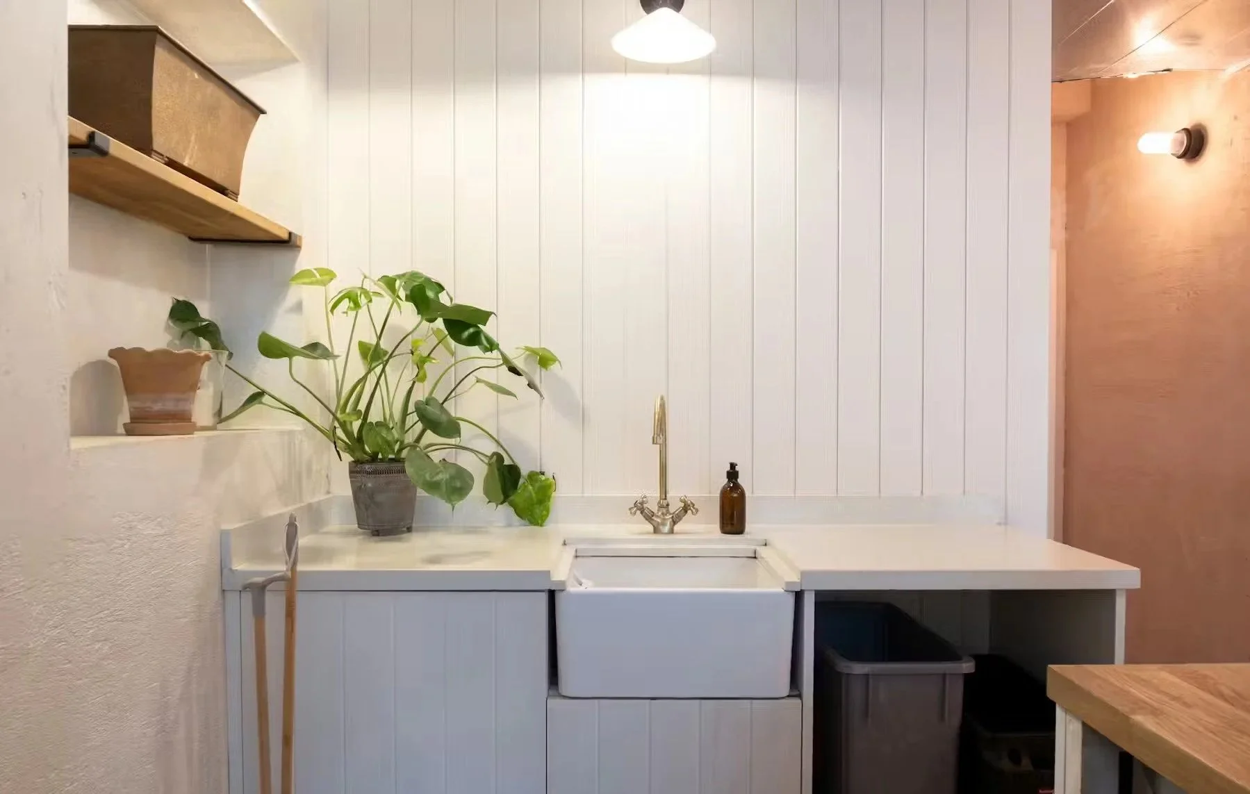 A minimalist kitchen sink area with a white farmhouse sink, a gold faucet, a potted plant to the left of the sink, a brown bottle to the right of the sink, shelves with decorative items above, and warm lighting.