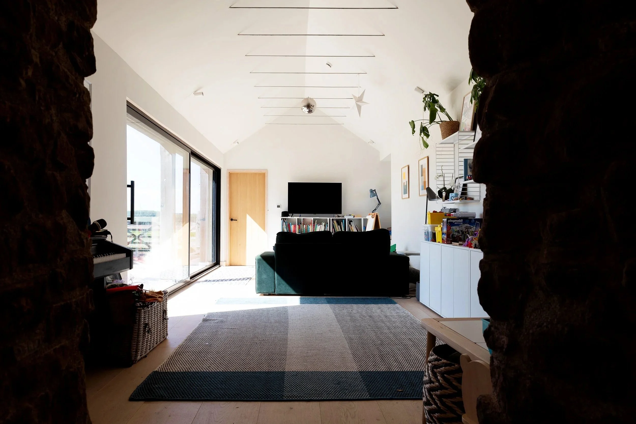 Living room with large sliding glass door, green sofa, bookshelf, wall-mounted TV, artwork, potted plant, and decorative hanging items on ceiling.