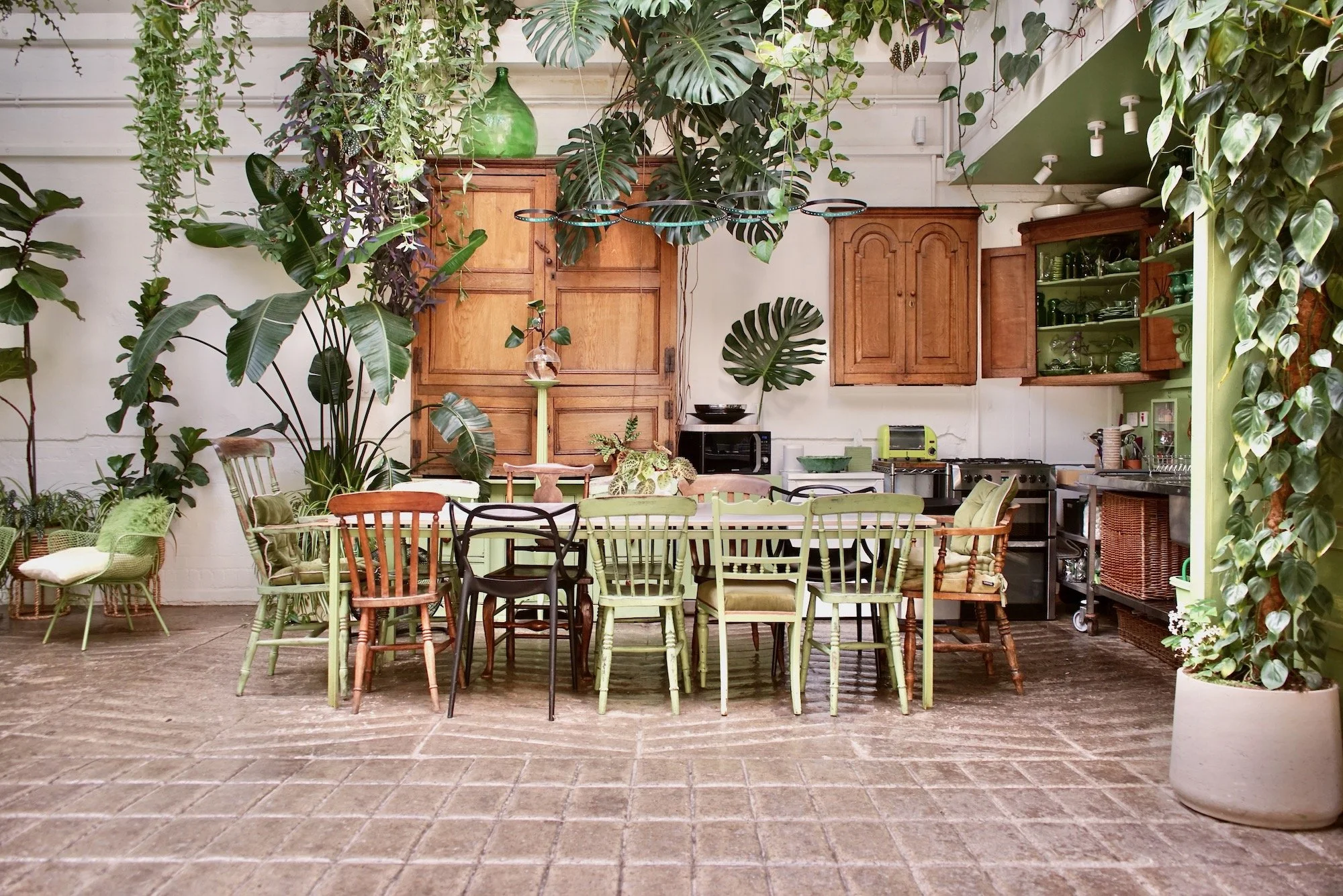 Indoor dining area with a long table, surrounded by mismatched chairs in shades of green, black, and wood. The background features wooden cabinets, lush green plants, and white walls with green accents, creating a cozy and natural atmosphere.
