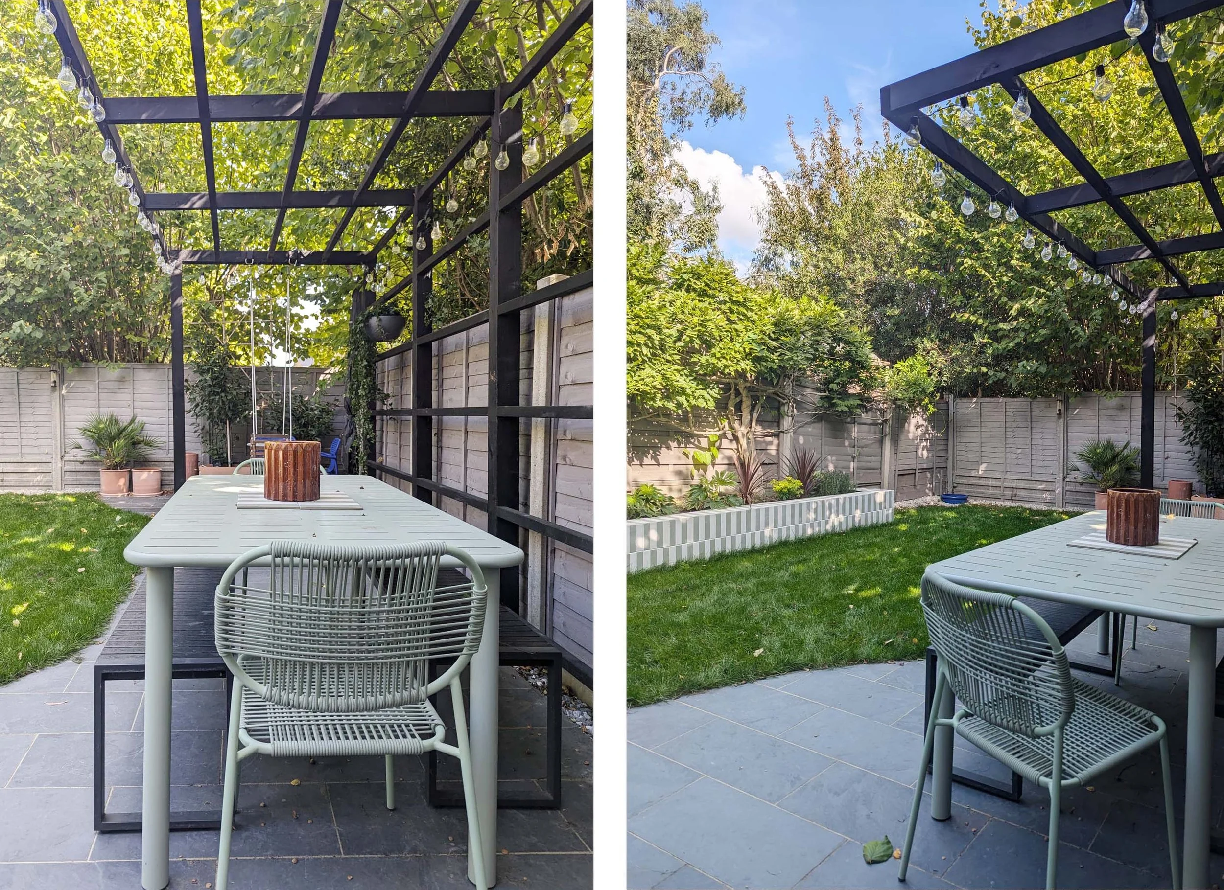 Side-by-side comparison of a backyard garden area showing a patio with a table and chairs. The left image has a dark pergola with string lights, while the right image shows a brighter scene with a garden bed and a fence in the background.