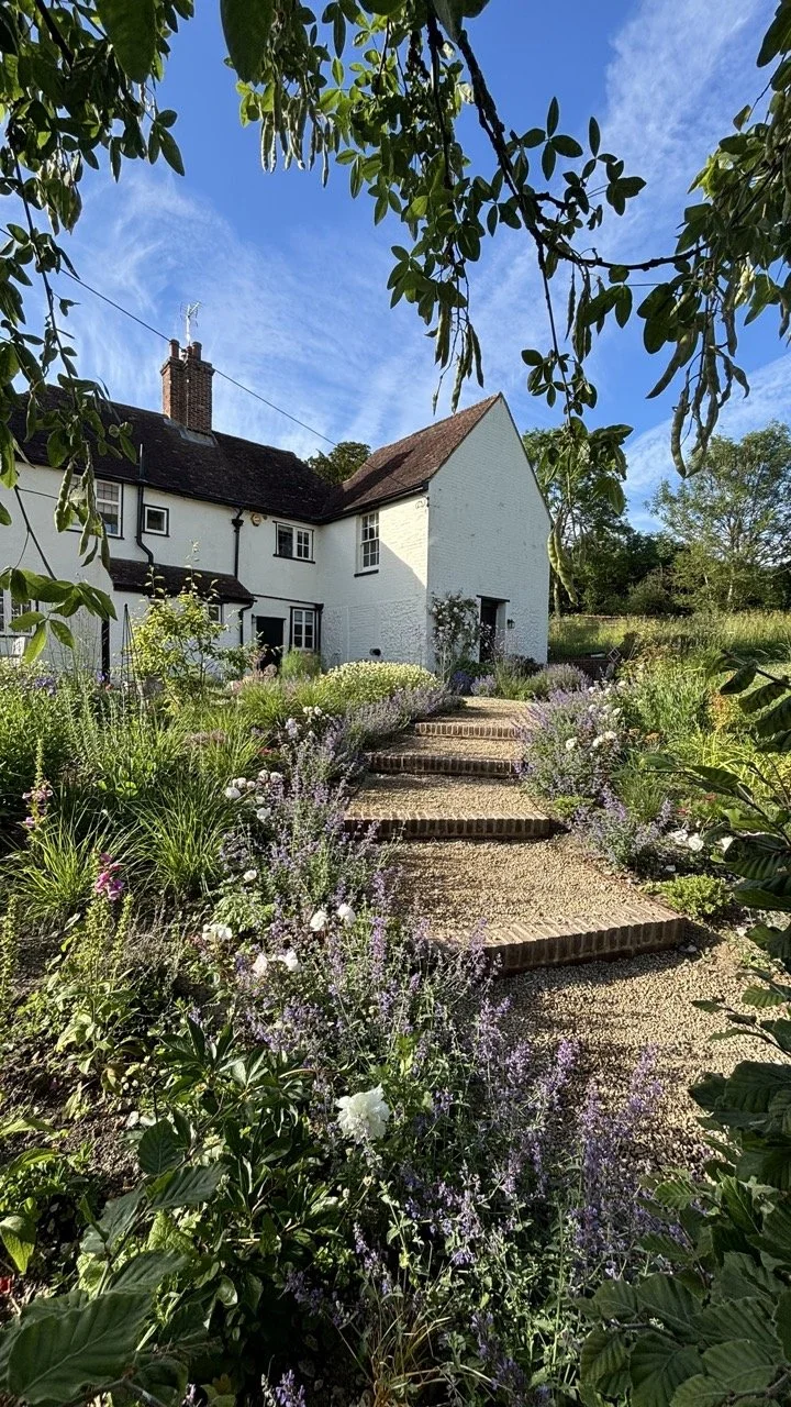 A white house with a garden and stone steps leading to the entrance, surrounded by purple and white flowers, under a blue sky with some clouds.