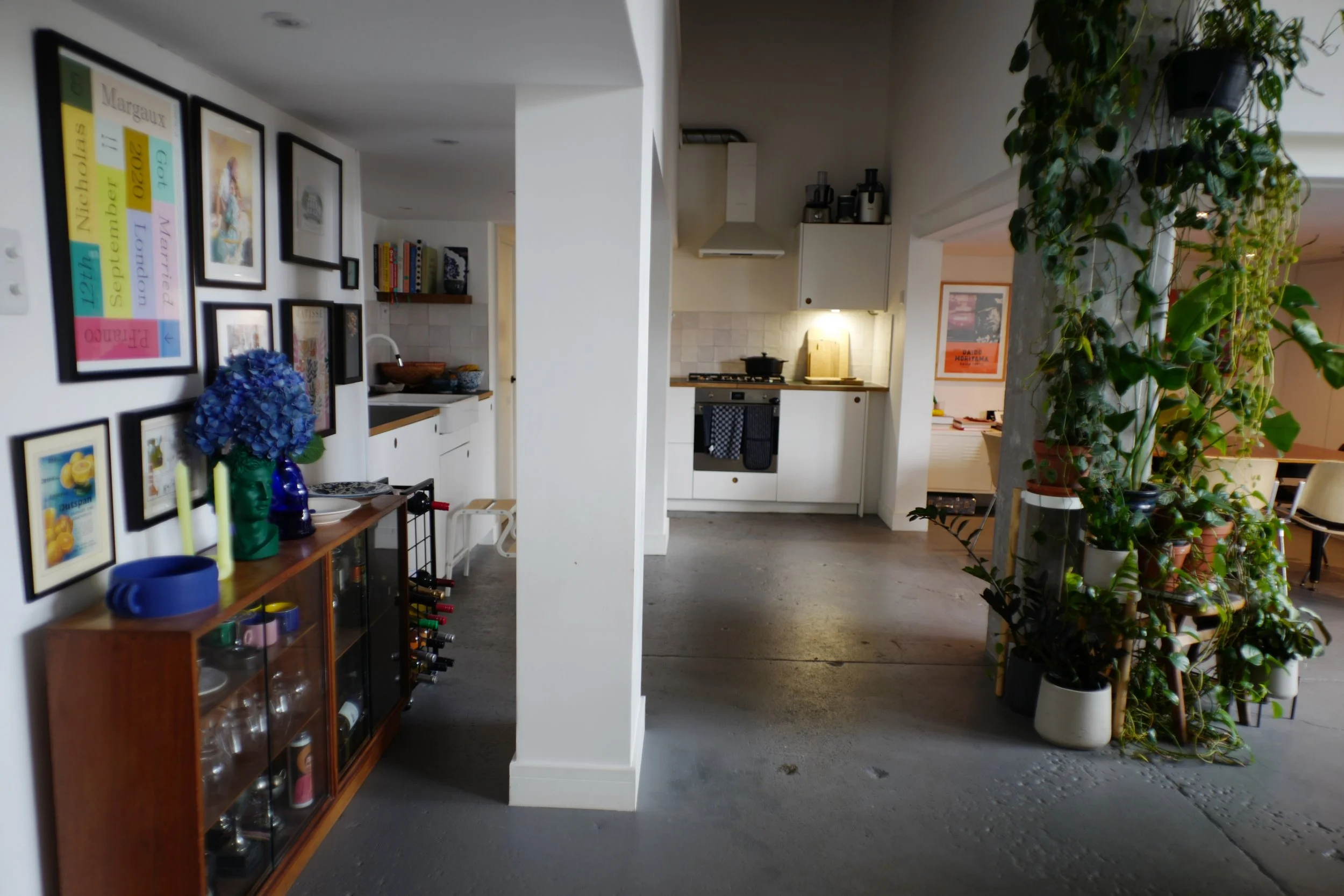 Interior of a modern home with a partially open kitchen, decorated wall with framed artwork, and numerous potted plants.