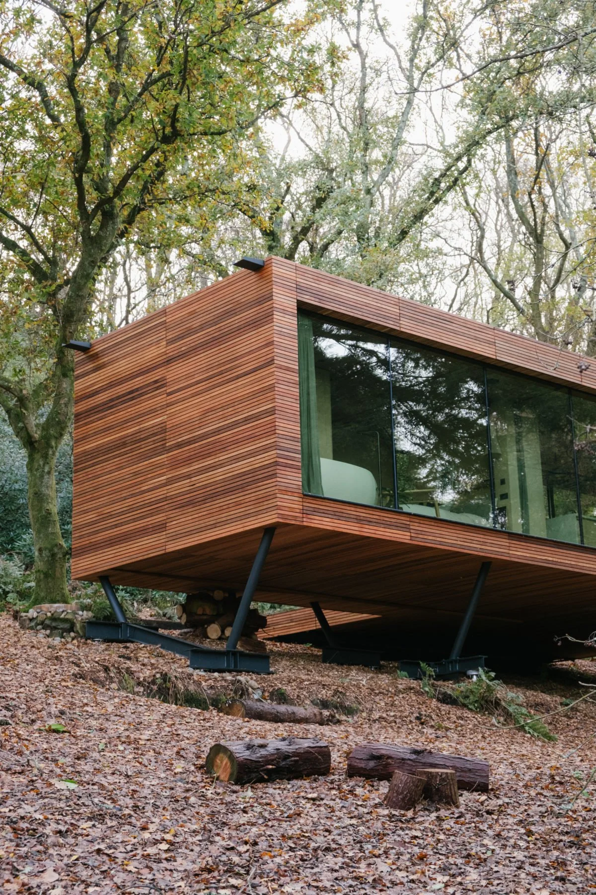 Modern house with wooden exterior and large glass windows on a sloped wooded land, supported by black metal stilts.
