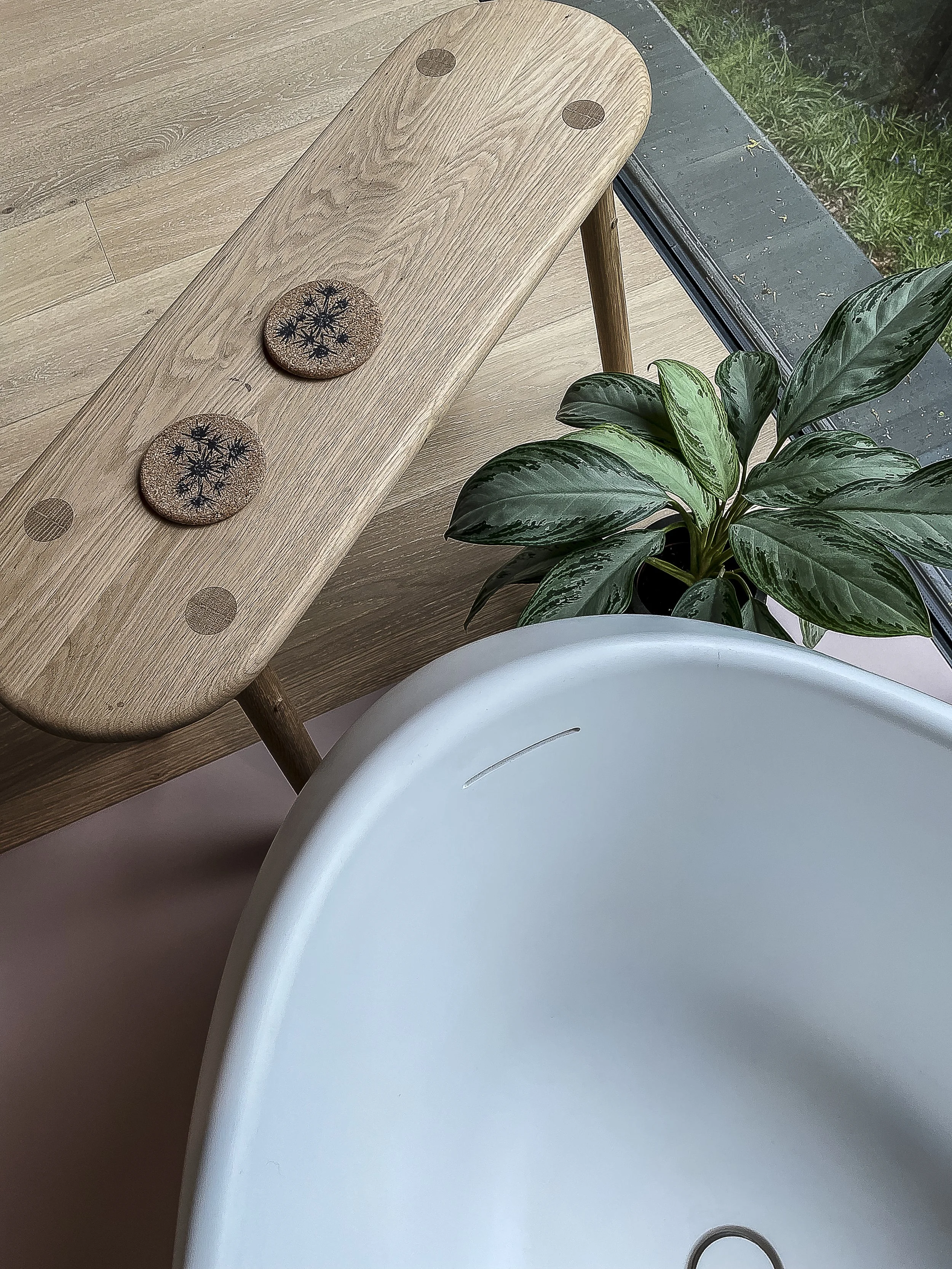 A wooden bench with two round decorative stones on top, a green leafy houseplant, a white tray, and a window showing grass outside.