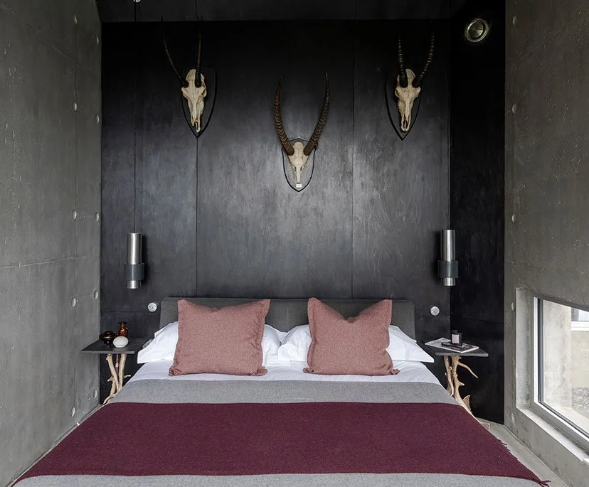 A modern bedroom with a dark feature wall decorated with three animal skulls, two with horns and one with horns, mounted above the bed. The bed has white sheets, two pink pillows, and a gray and burgundy blanket. There are small black nightstands on 