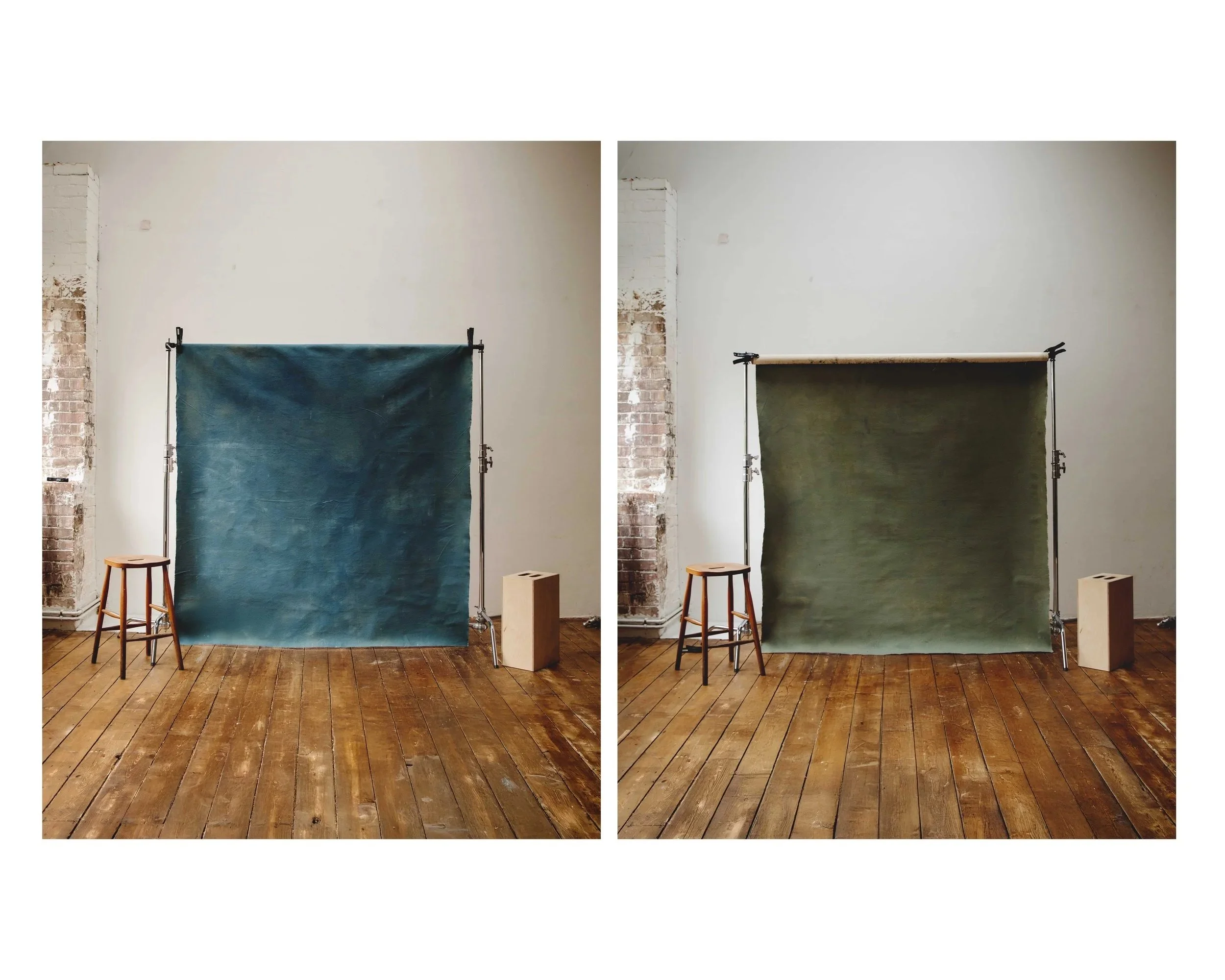 Comparison of two fabric backdrops, one blue and one green, set up on metal stands in an indoor studio with wooden floors and white walls.