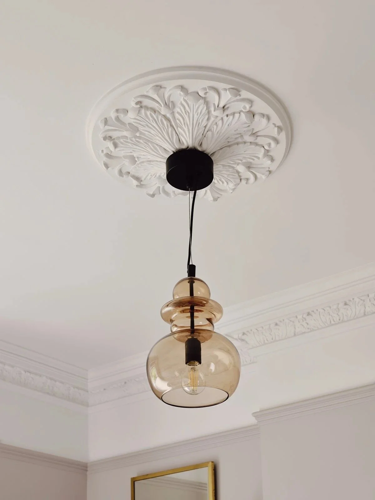Modern pendant light with a clear glass globe hanging from a decorative ceiling medallion in a room with crown molding.