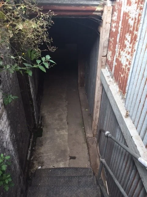 Narrow concrete walkway leading into a dark tunnel or underpass, with brick and corrugated metal walls and some greenery on the left side.