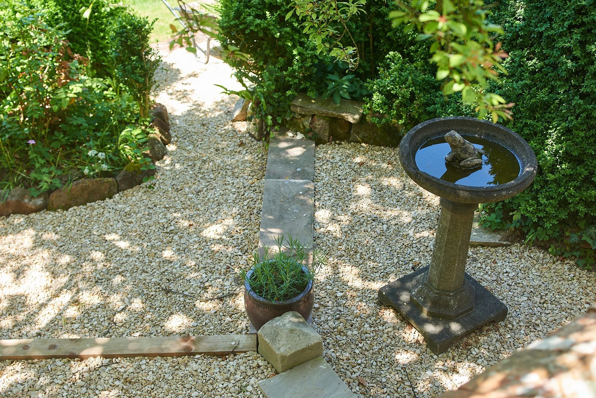 A small garden area featuring a birdbath with a frog statue, surrounded by green bushes and plants. The ground is covered with small gravel, and a narrow stone path runs through the garden.
