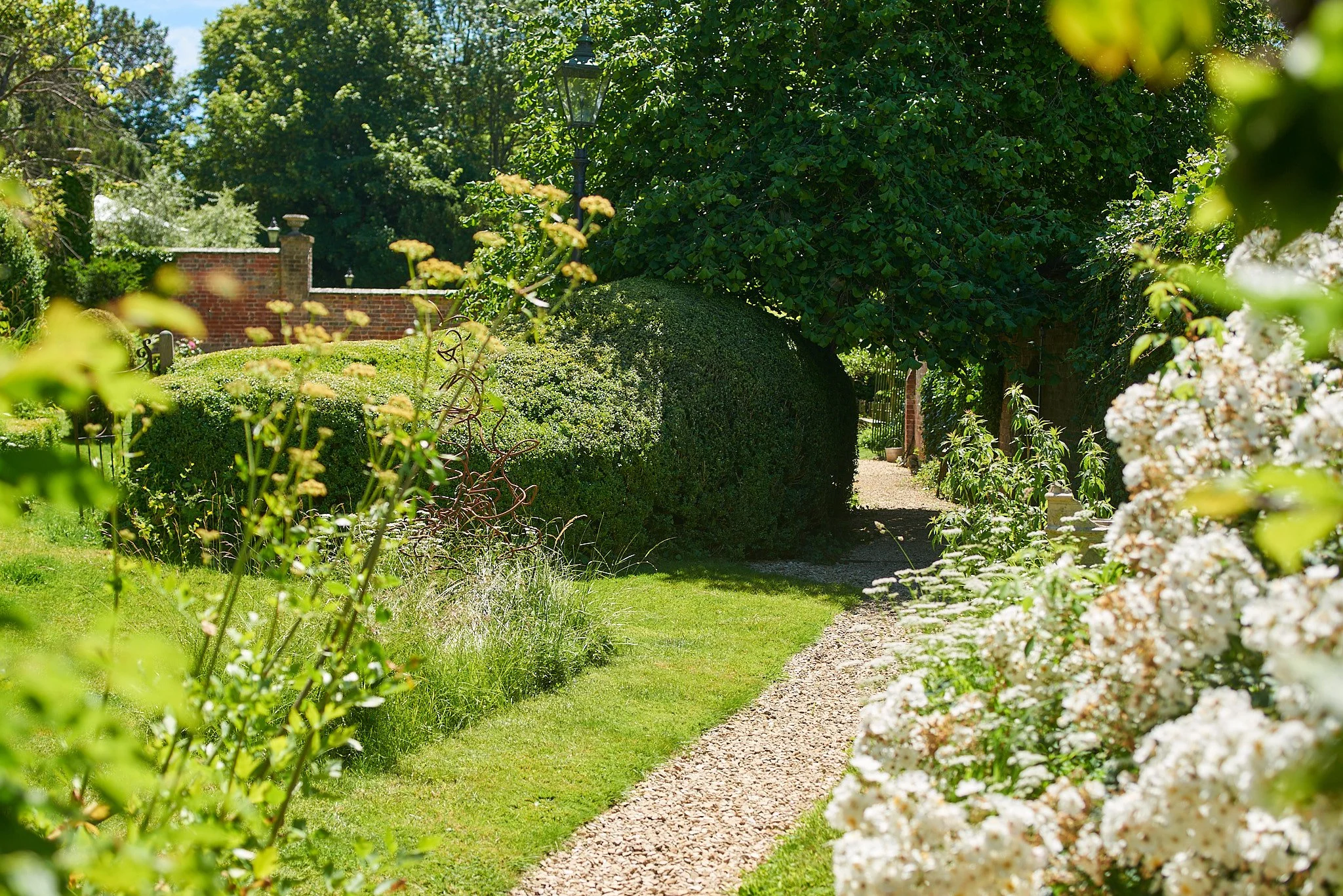 A garden with a gravel pathway, lush green bushes, flowering plants, trees, and a black lamppost, under bright sunlight.