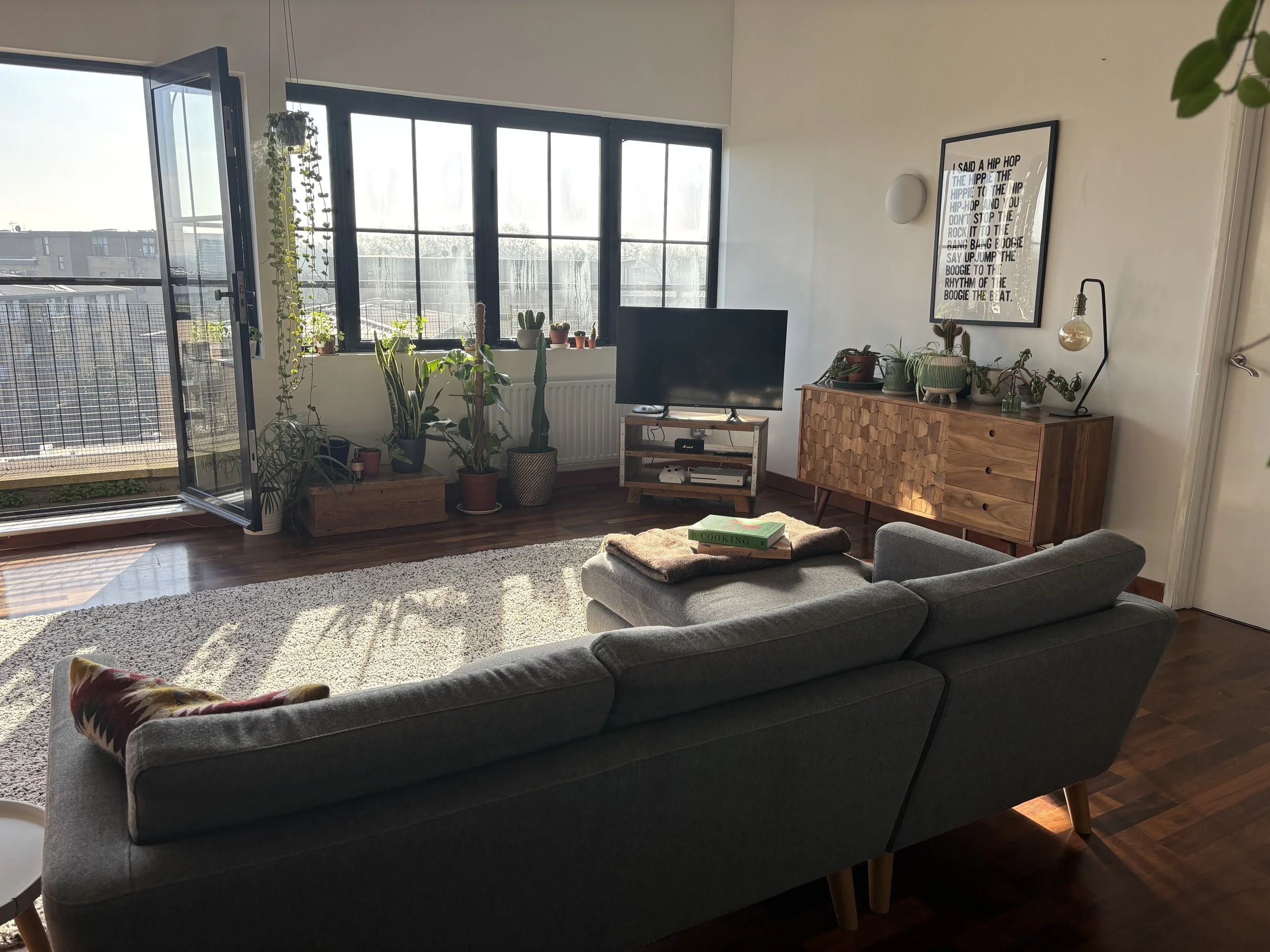 Living room with large windows, potted plants, a flat-screen TV, a wooden sideboard, framed artwork, couch, and a plush rug.