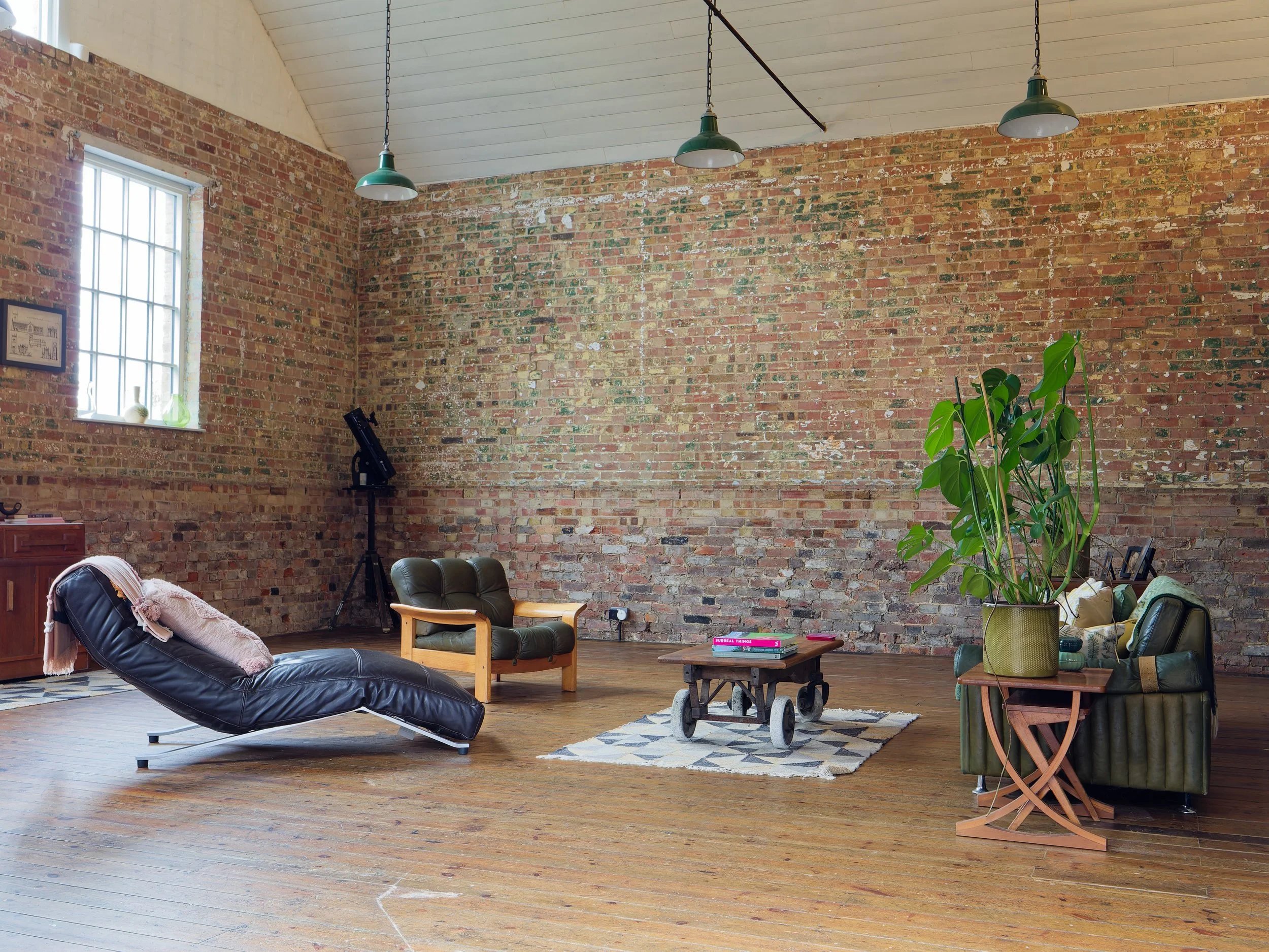 Living room with an exposed brick wall, wooden floor, and hanging green pendant lights. Contains a black lounge chair with a pillow, a green armchair, a small wooden side table with a large potted plant, a coffee table on a geometric rug, and a teles