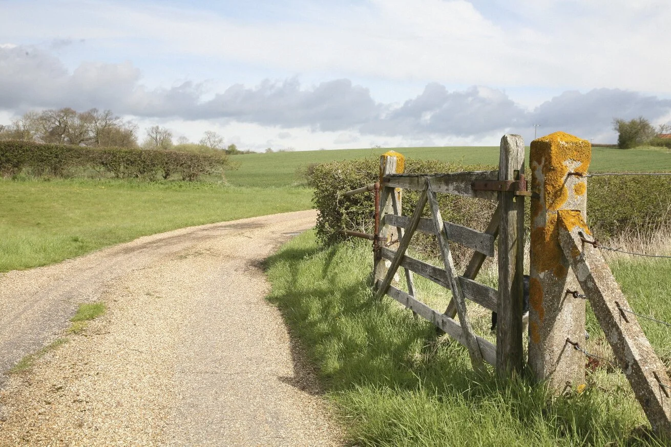 A winding dirt country road with a wooden fence on the right side, leading through green fields under a partly cloudy sky.