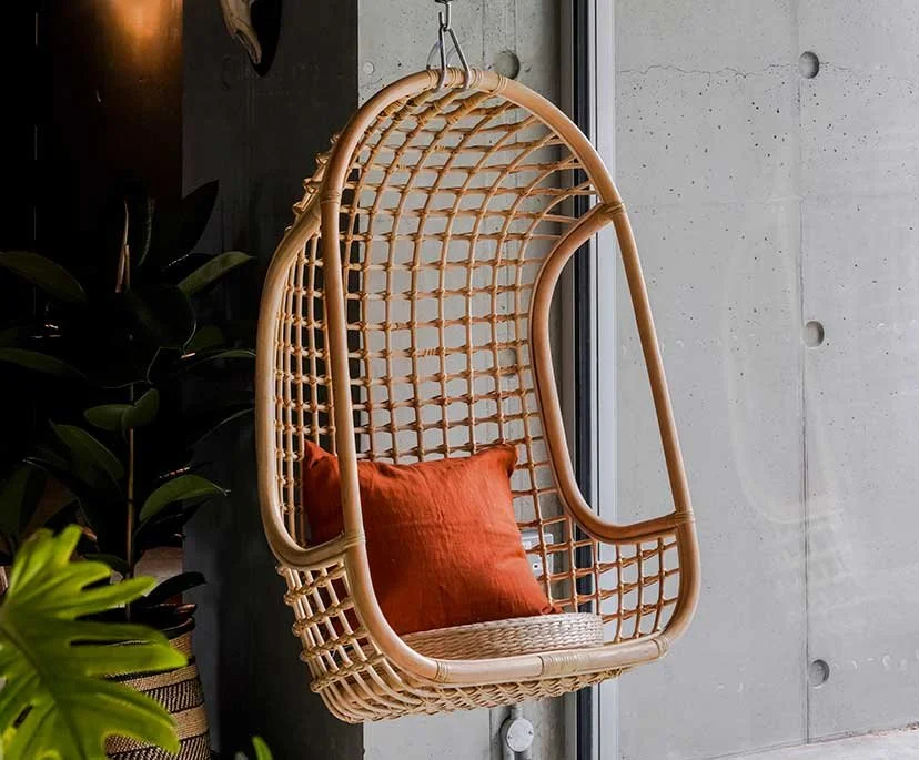 Hanging rattan chair with an orange pillow, positioned near a concrete wall and a glass window, surrounded by greenery.