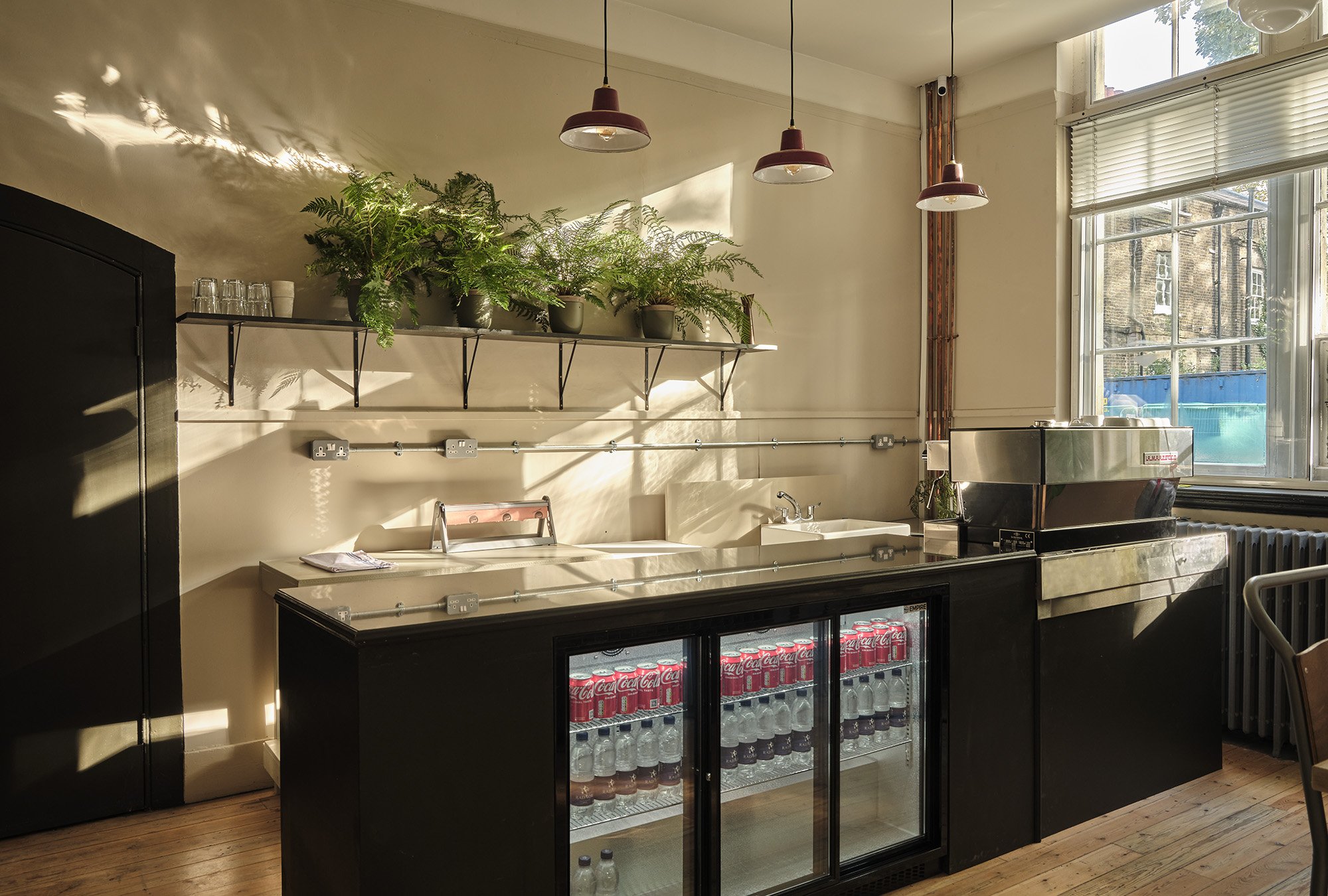 Interior of a cafe or bar area with black counter, glass-front beverage fridge, large window, potted plants on a wall shelf, and two hanging pendant lights.
