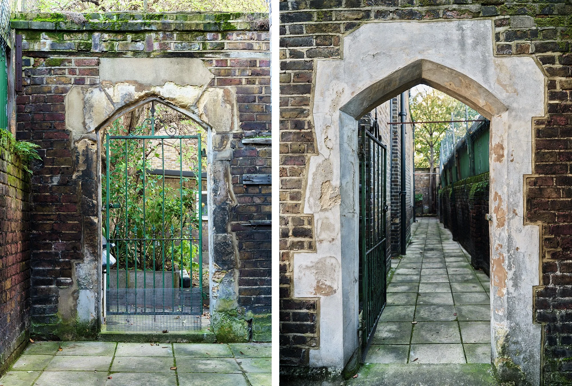 Comparison of two brick archways with gates, showing the deterioration and repairs of the structures. The left archway has a smaller gate with greenery behind it, while the right archway has a larger gate and opens to a pathway with trees in the back