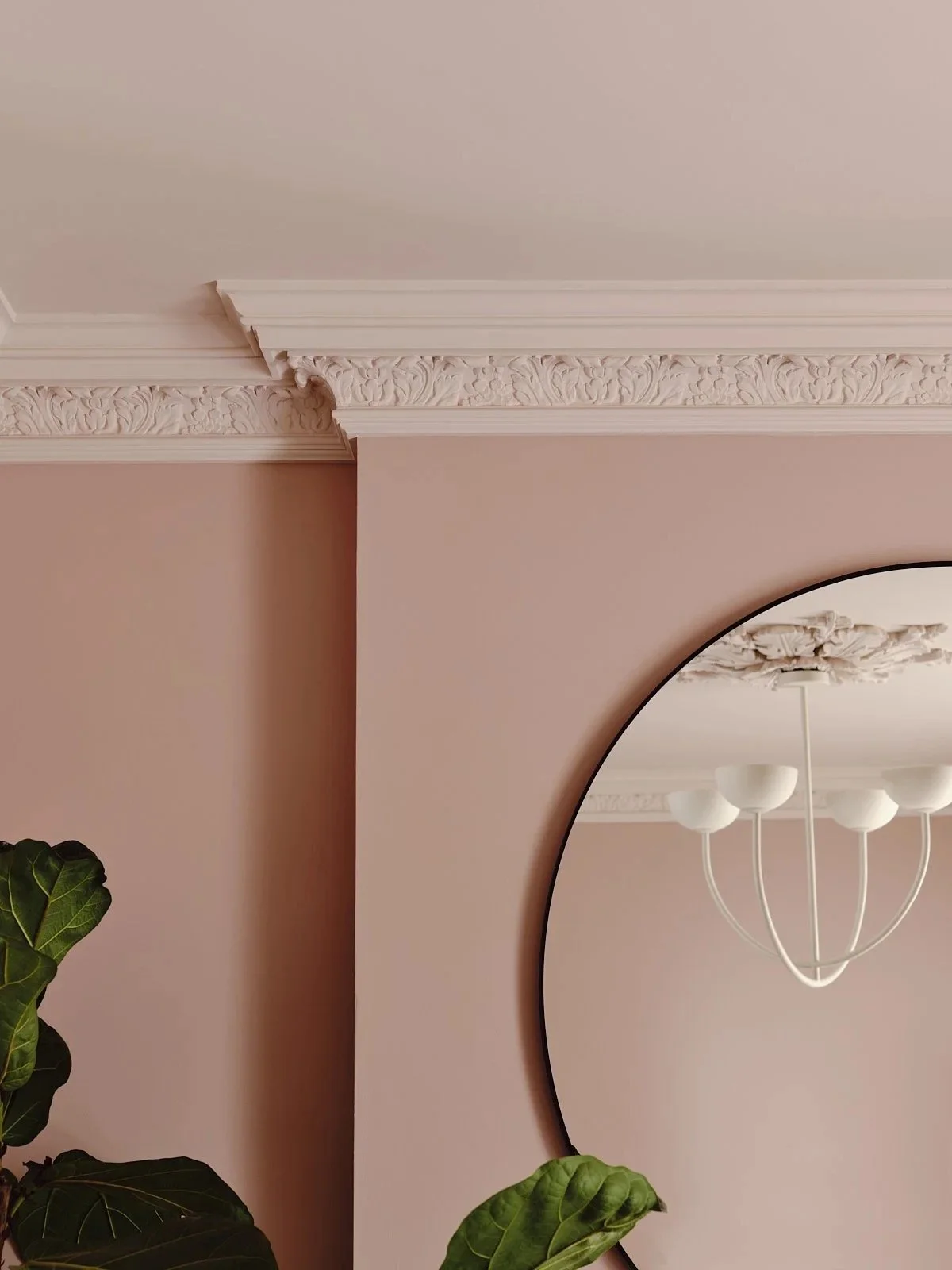 Part of an interior ceiling with decorative crown molding, pink walls, a round mirror, a chandelier with multiple white shades, and green houseplants.