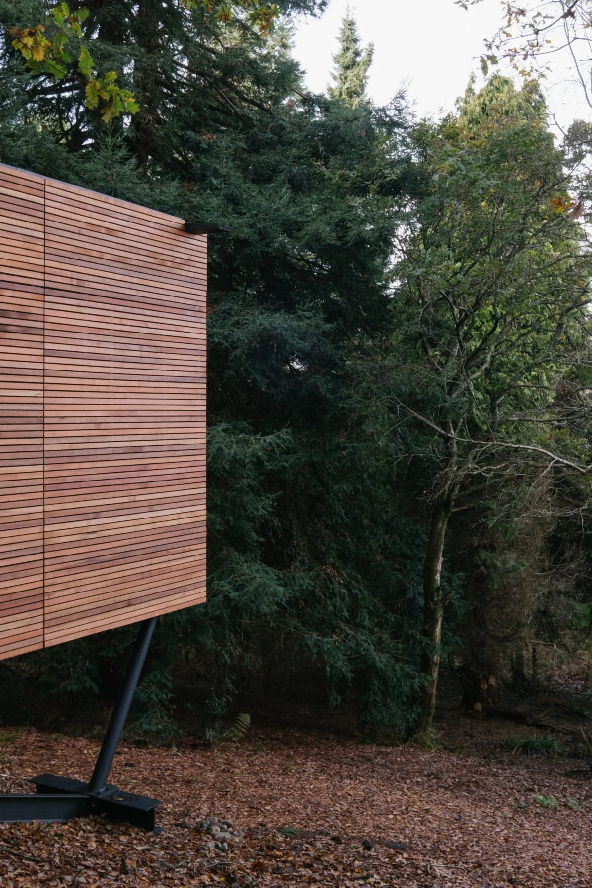 A contemporary wooden structure with horizontal slats, supported by a tilted black metal pole, situated outdoors on a ground covered with fallen leaves. Dense green trees and foliage are in the background.