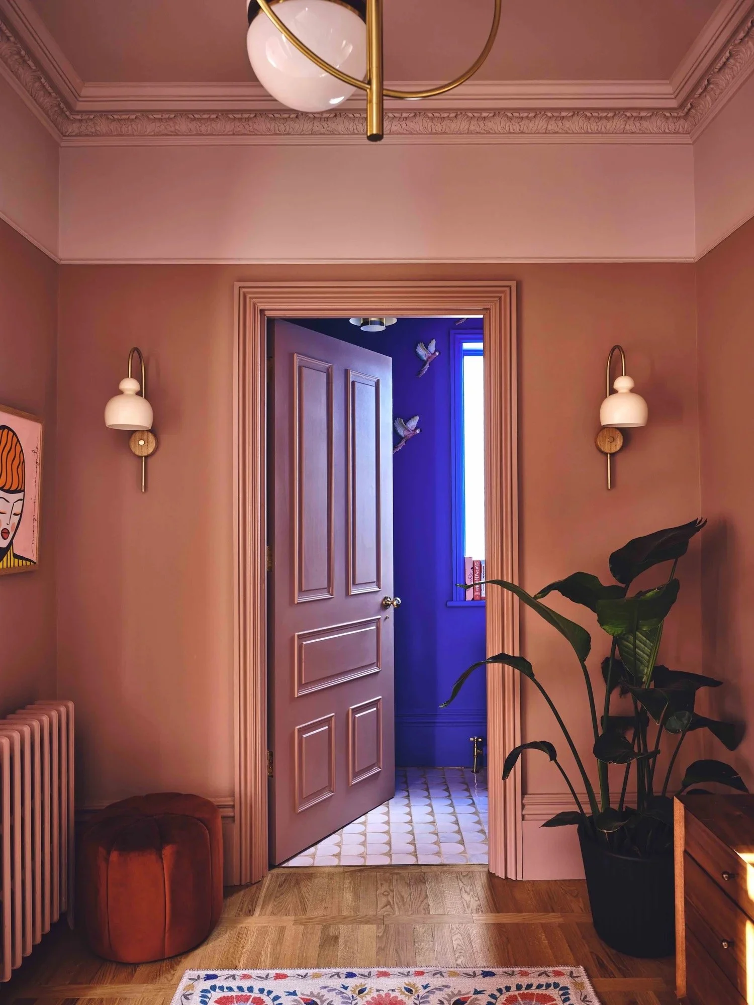 A doorway in a room with pink walls and ornate crown molding. The door is slightly open, revealing a contrasting blue room with a window, books on a window sill, and decorative birds on the wall. The room has a wood floor, a large plant in a black po