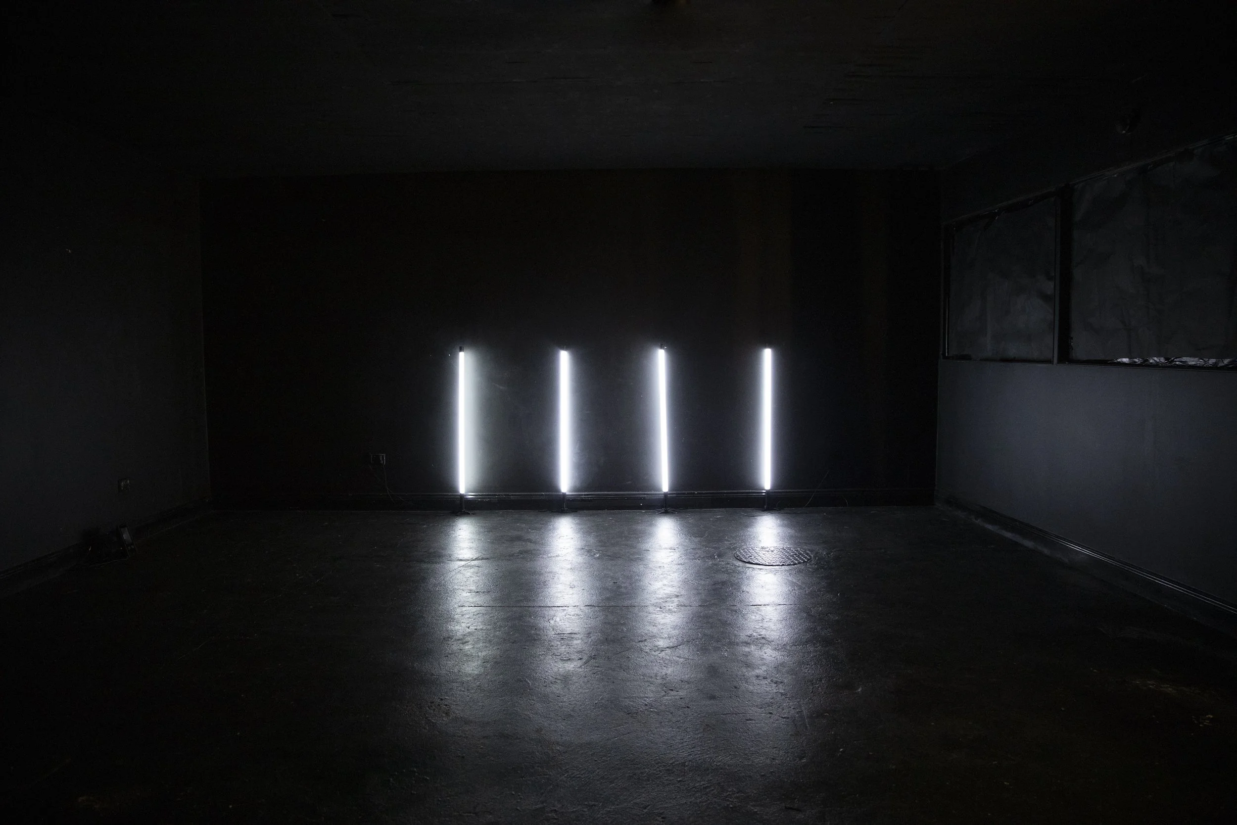 Four vertical white LED light strips on a dark black wall in a dimly lit room with a reflective floor.