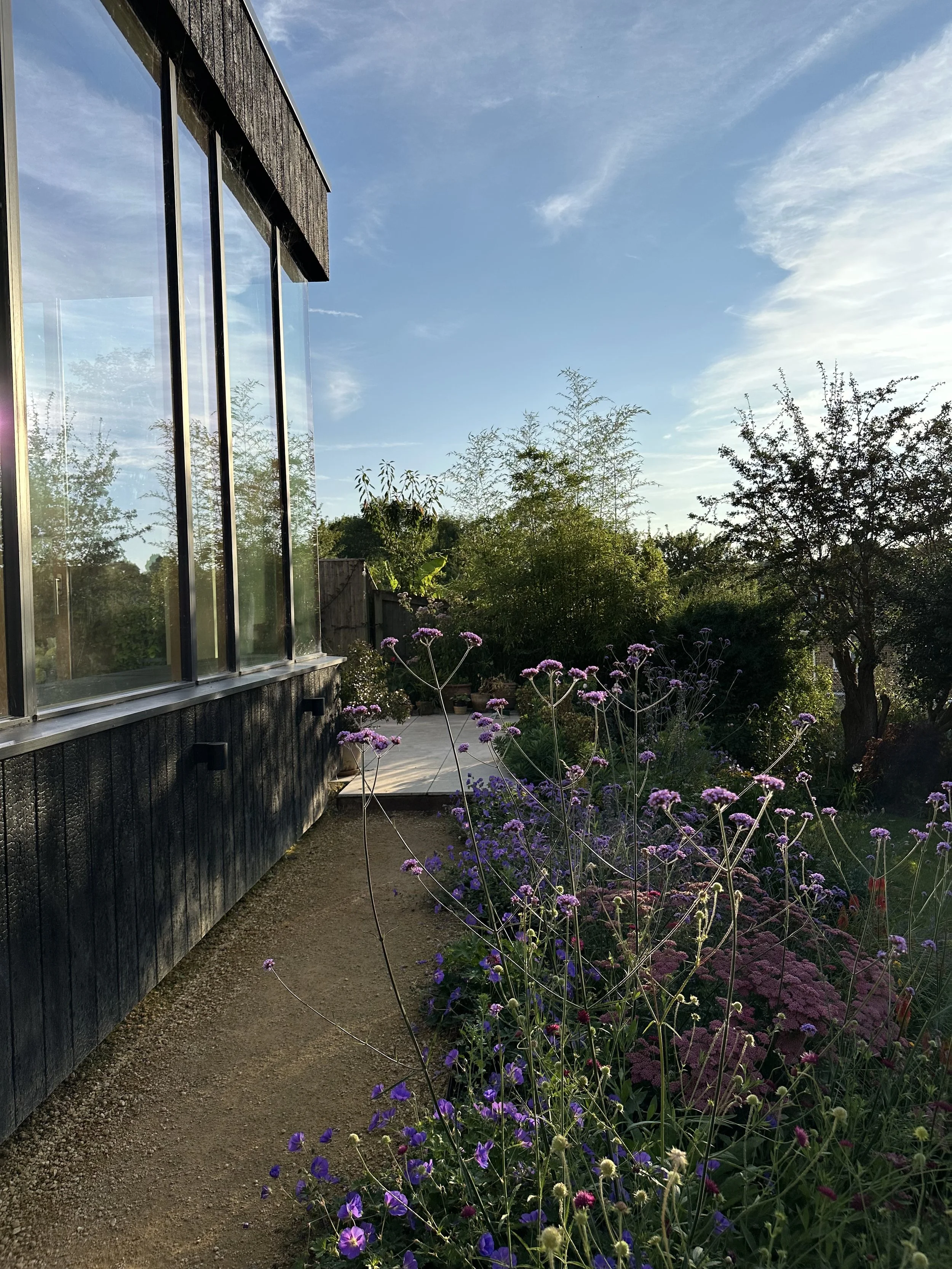 A modern house with large glass windows on the left, a garden with pink and purple flowers, and trees under a blue sky with scattered clouds.