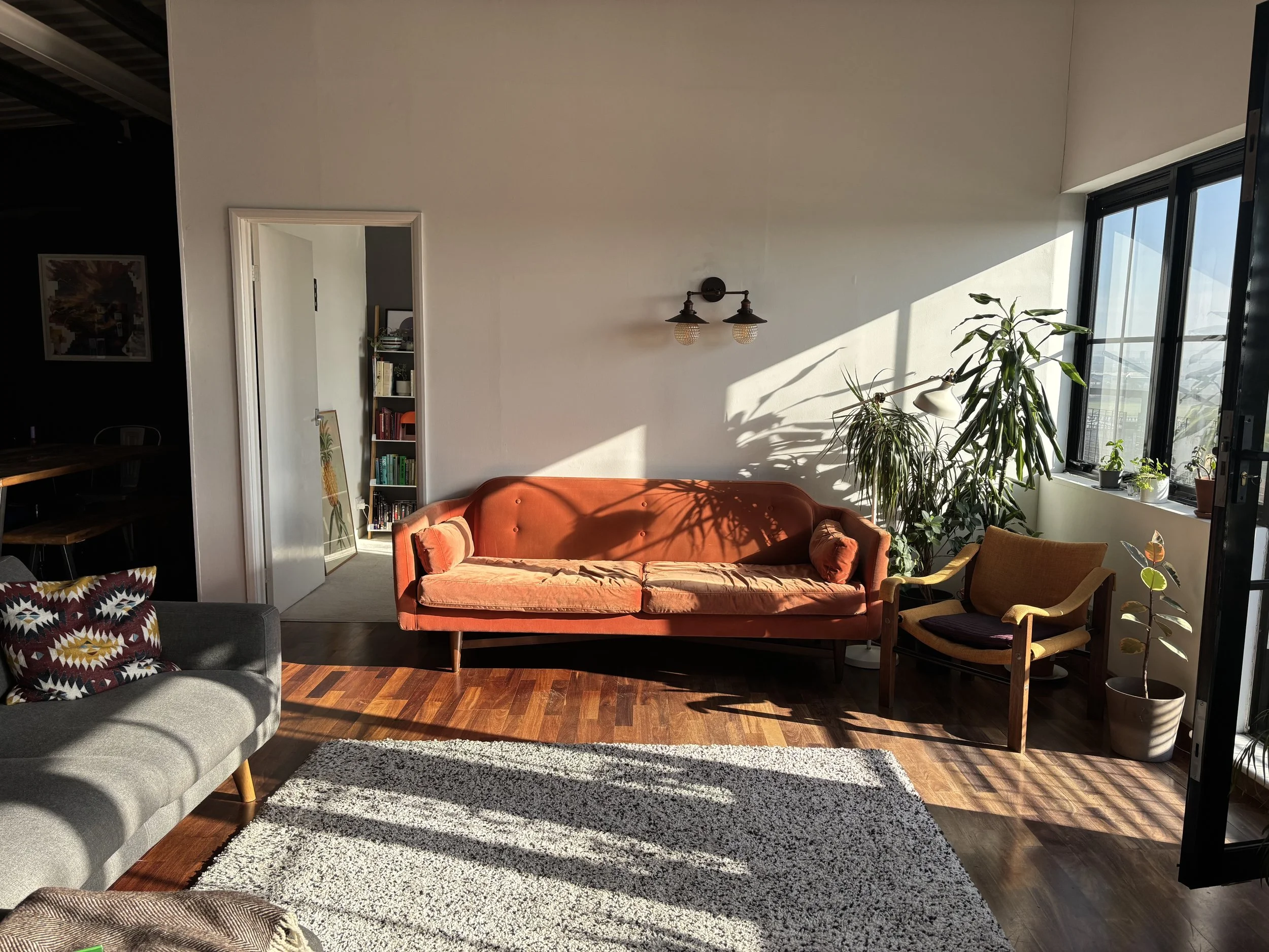 Living room with sunlight, orange mid-century sofa, wooden armchair, large potted plants, window with plants on the sill, and a gray couch with colorful pillows.