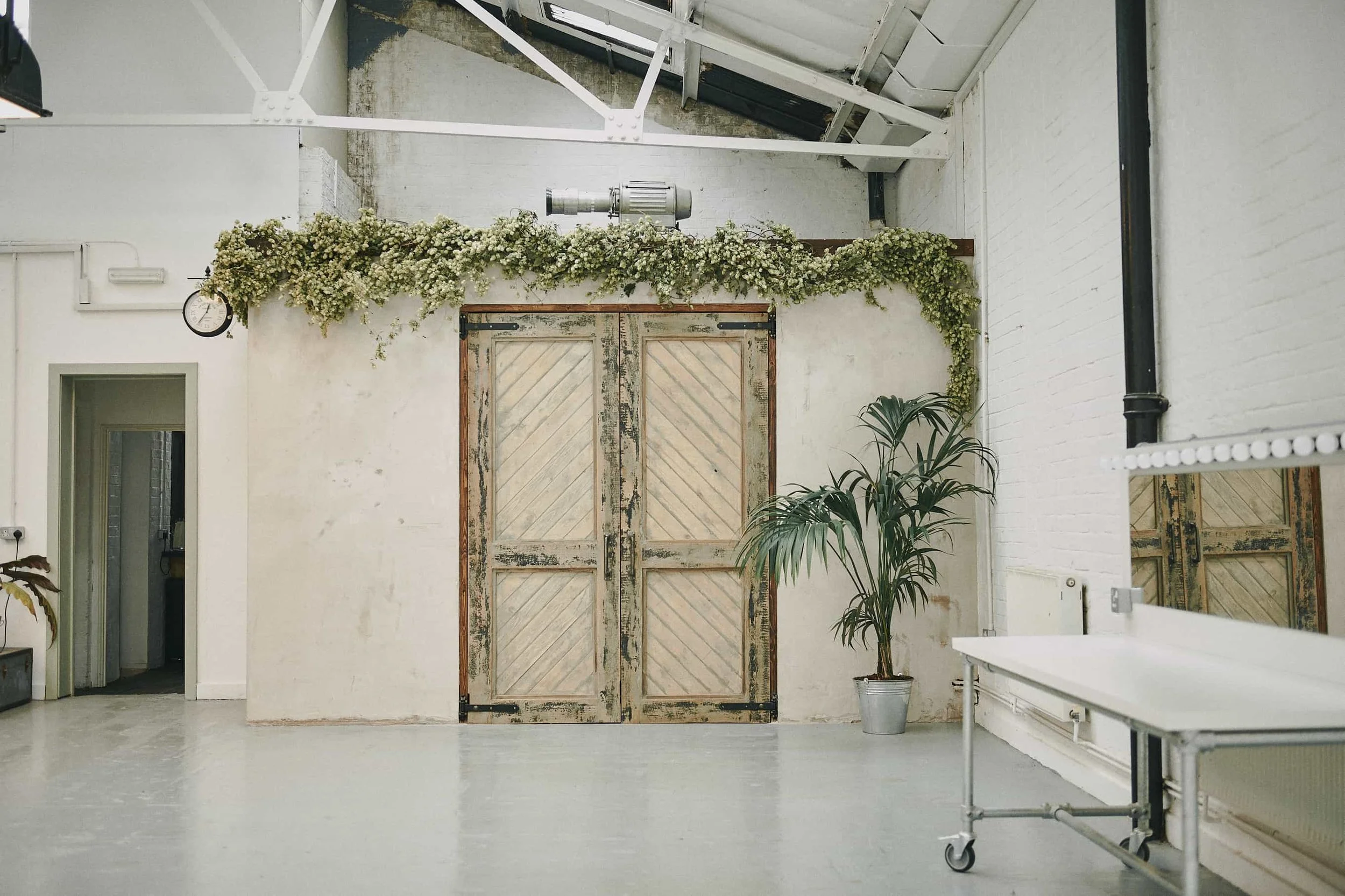 Interior of a room with a rustic wooden sliding door, potted plant, and decorative greenery on the wall, with white walls, exposed ceiling beams, and industrial-style elements.