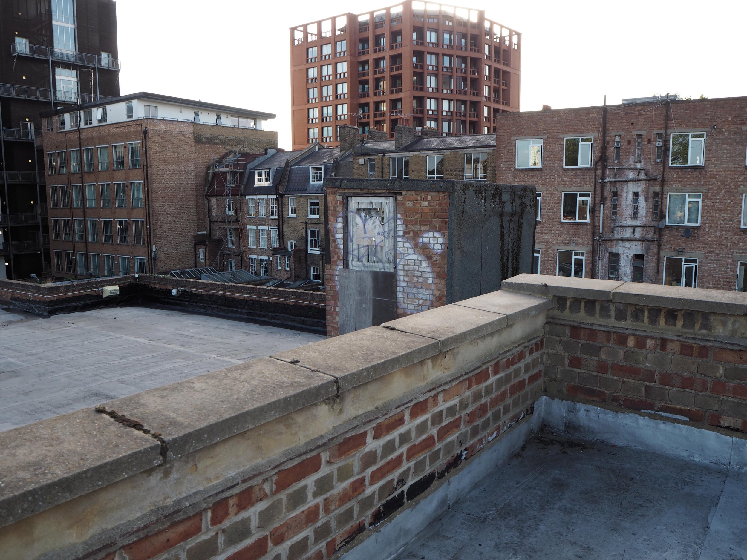 Urban cityscape view from a rooftop with a brick wall, graffiti on a small brick building, and taller buildings in the background.