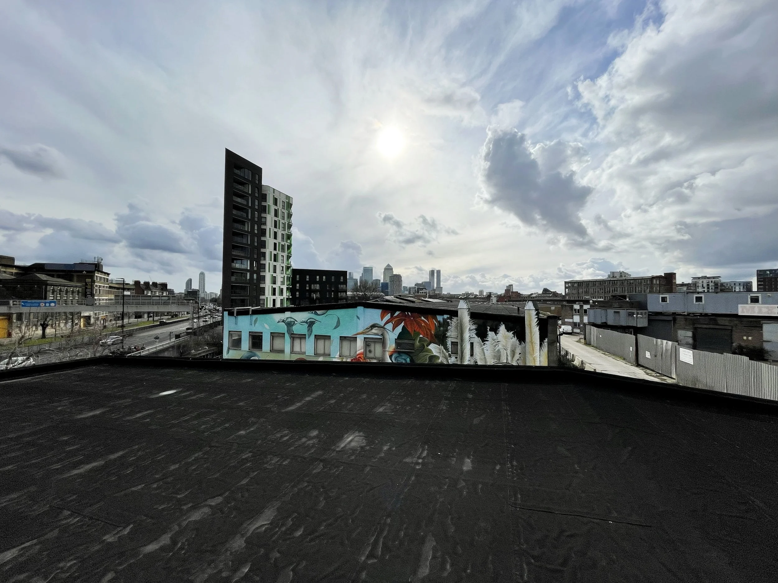 Rooftop of event venue in East London with views of the city