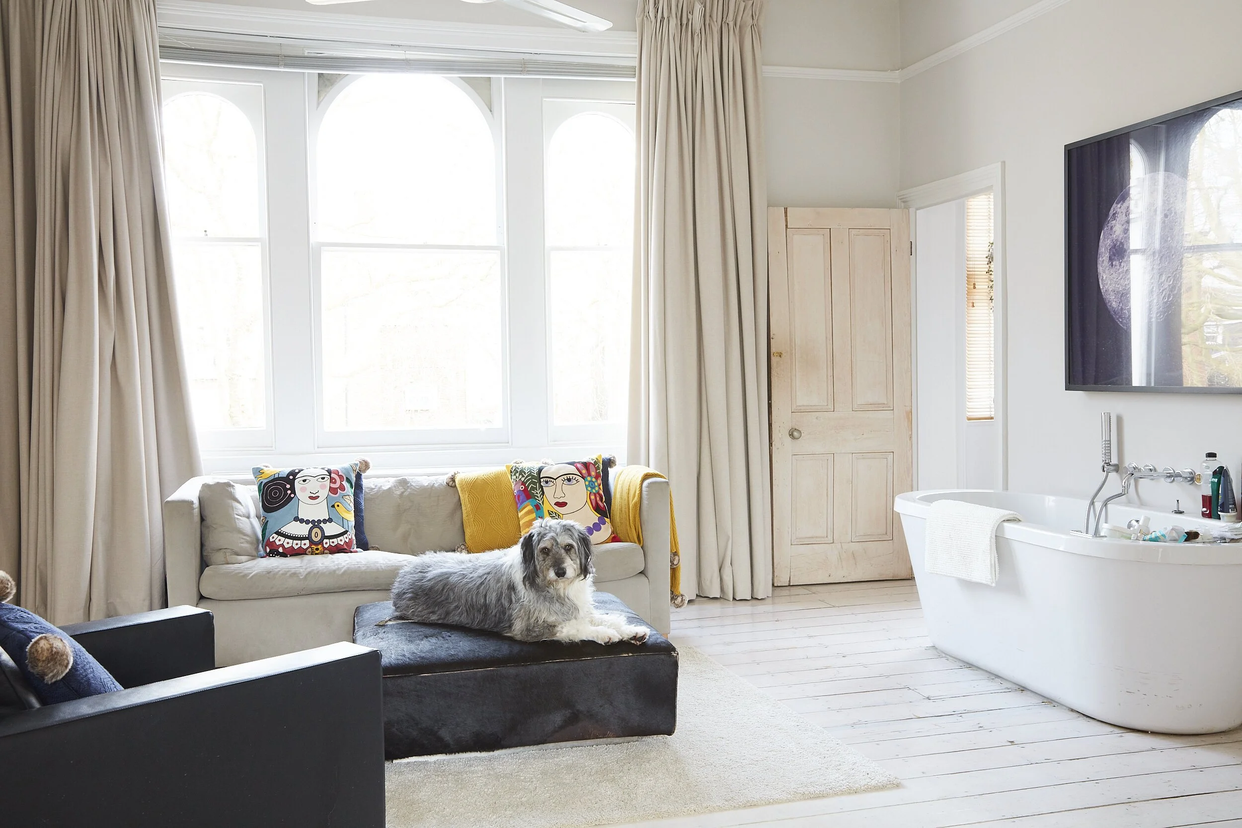 Bright living room with large window, beige curtains, white walls, a sofa with colorful throw pillows, a dog lying on an ottoman, a bathtub, and a wall-mounted TV.