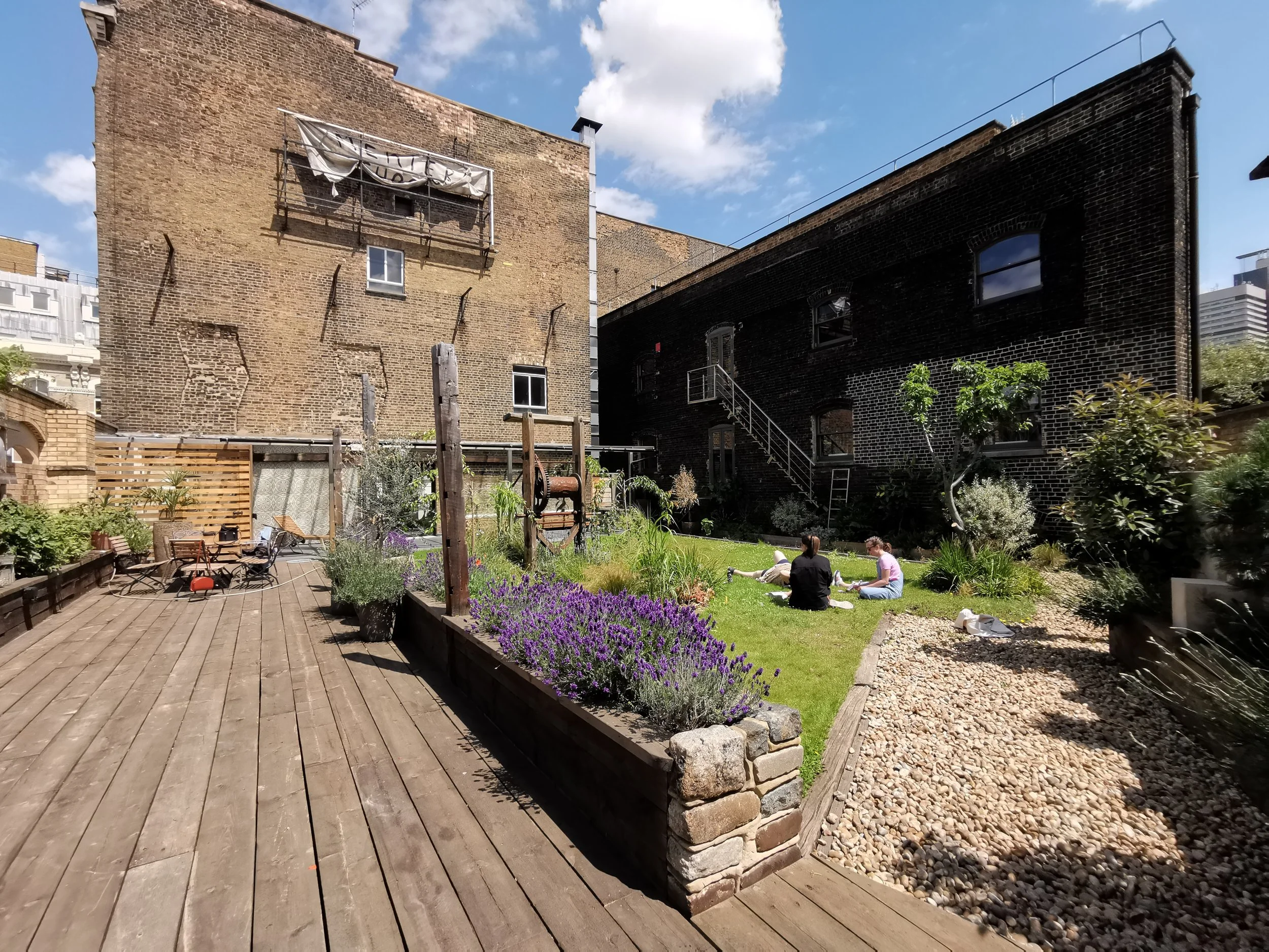 A rooftop garden with wooden decking, flowering plants, and two women sitting on the grass, with tall brick buildings in the background.