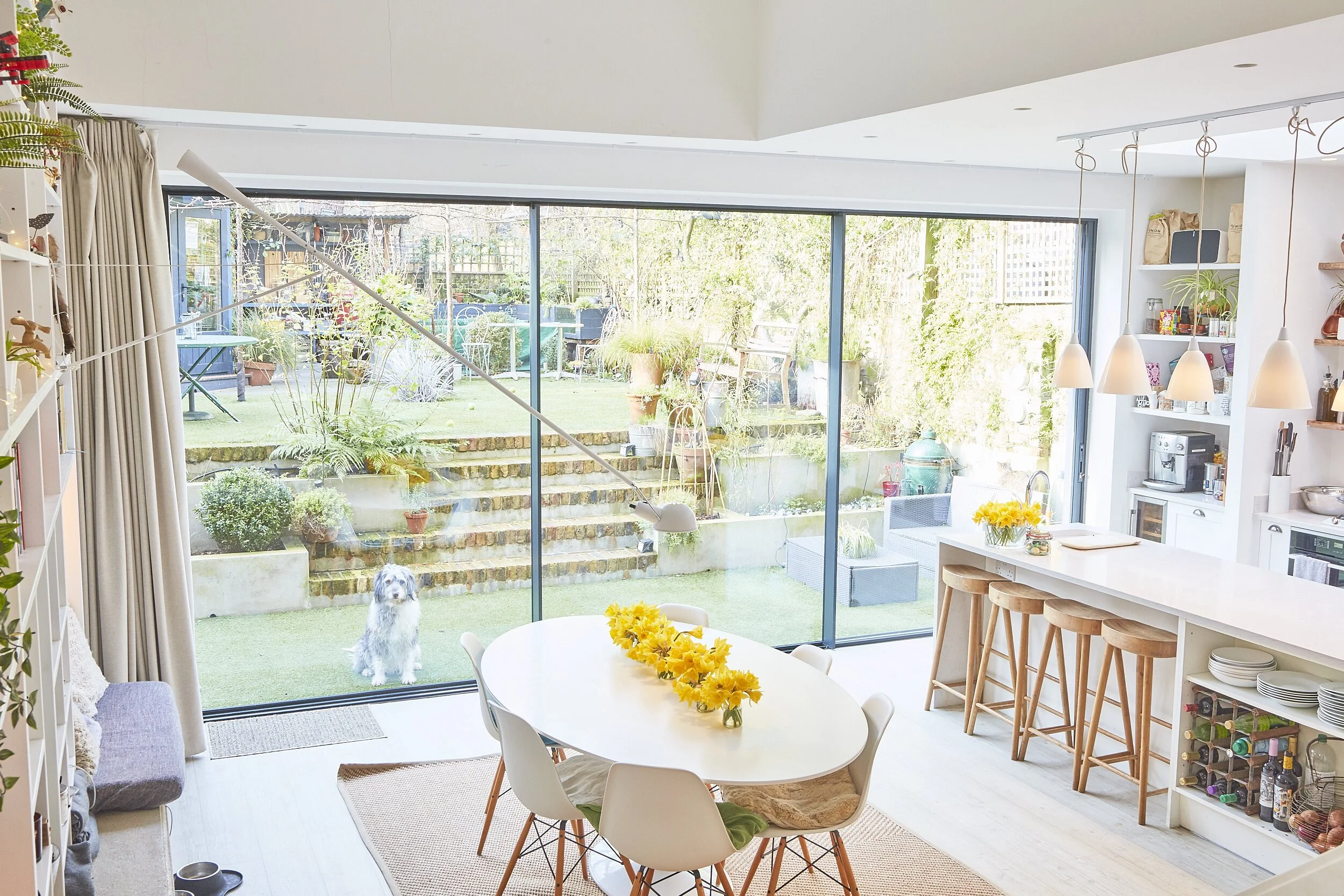 Bright open-plan kitchen and dining area with large glass sliding doors leading to a backyard. The yard has plants, stairs, and a dog sitting outside.