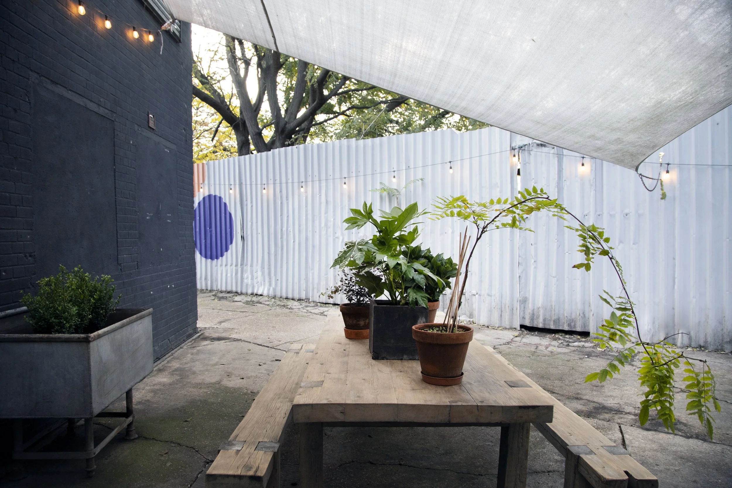 Outdoor patio with potted plants on a wooden table, white corrugated metal fence, string lights, and a black brick wall, with trees in the background.