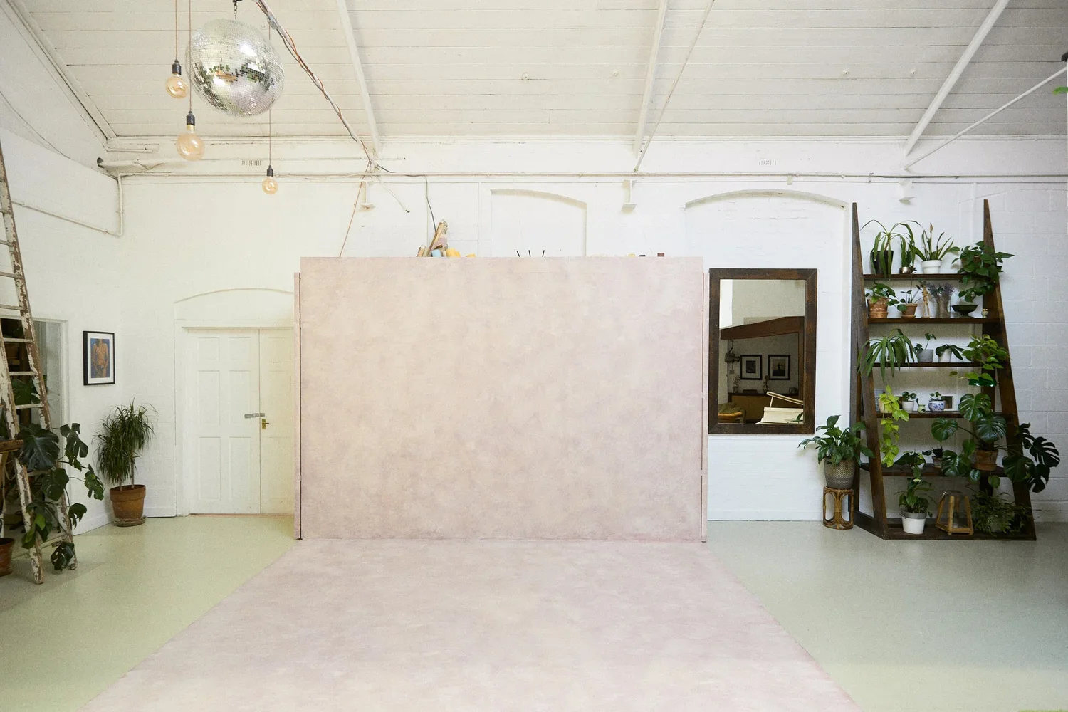 Interior of a room with white brick walls, a ceiling with exposed beams, a string of light bulbs, a disco ball, a pink partition, a window reflecting part of the room, and shelves filled with potted plants.