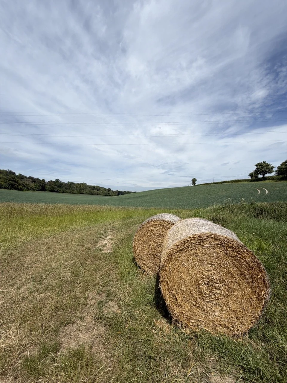 Three large hay bales on a grassy field with green hills and blue sky with clouds in the background.