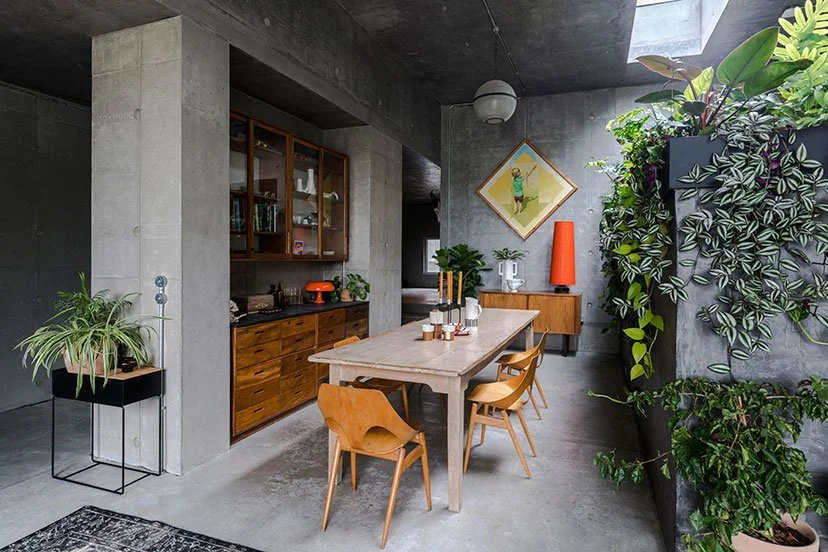 A modern dining area with a concrete floor, gray concrete walls, wooden furniture, and numerous green plants. There is a wooden dining table with six chairs, a cabinet with glass doors, and artwork on the wall.