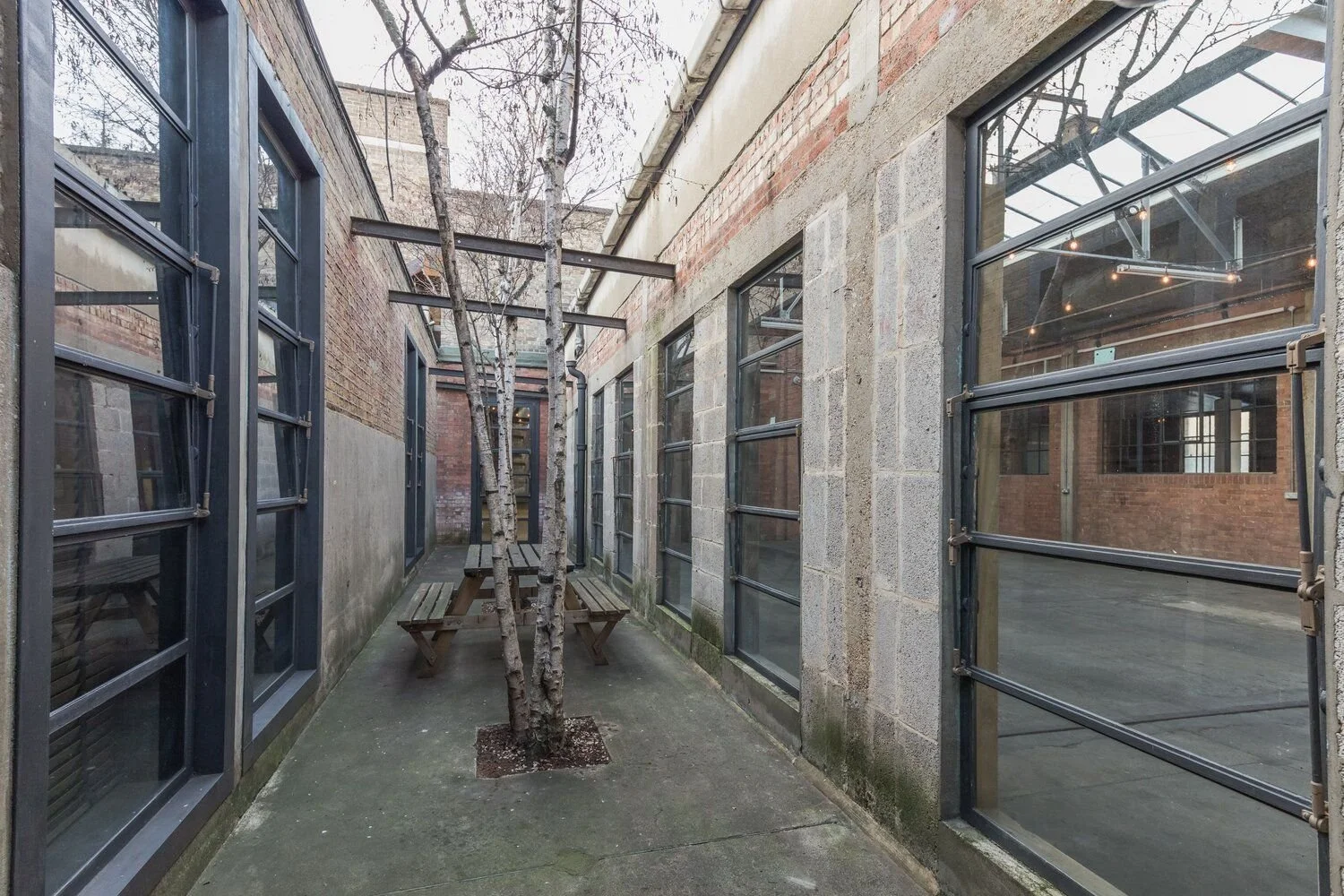 An outdoor alleyway with brick and concrete walls, large industrial-style windows, a tree, and a wooden picnic table.