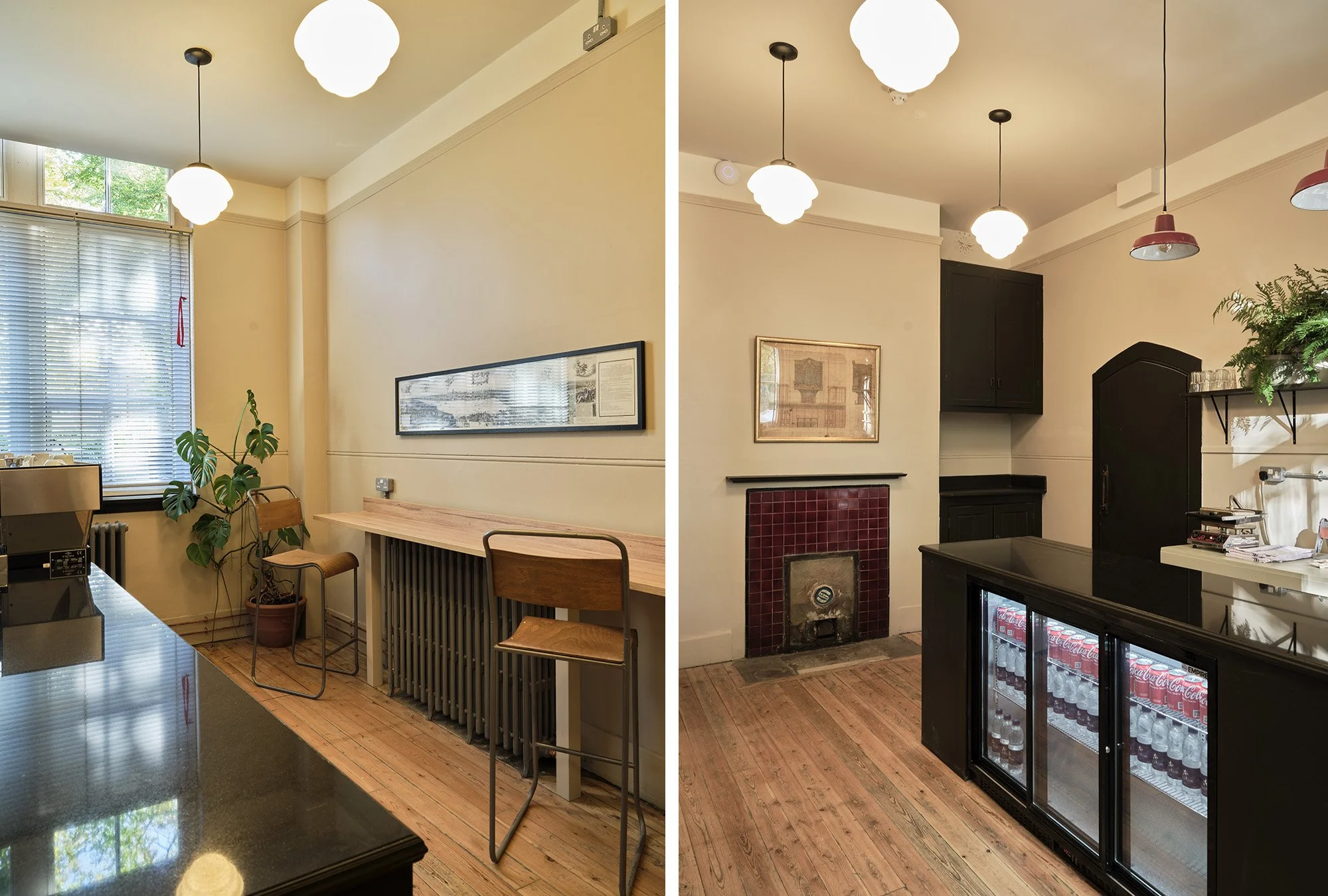 Comparison of two interior spaces, one side shows a bright room with large window, plants, and wooden chairs, and the other side features a cozy cafe corner with a beverage cooler, fireplace, and dark cabinetry.