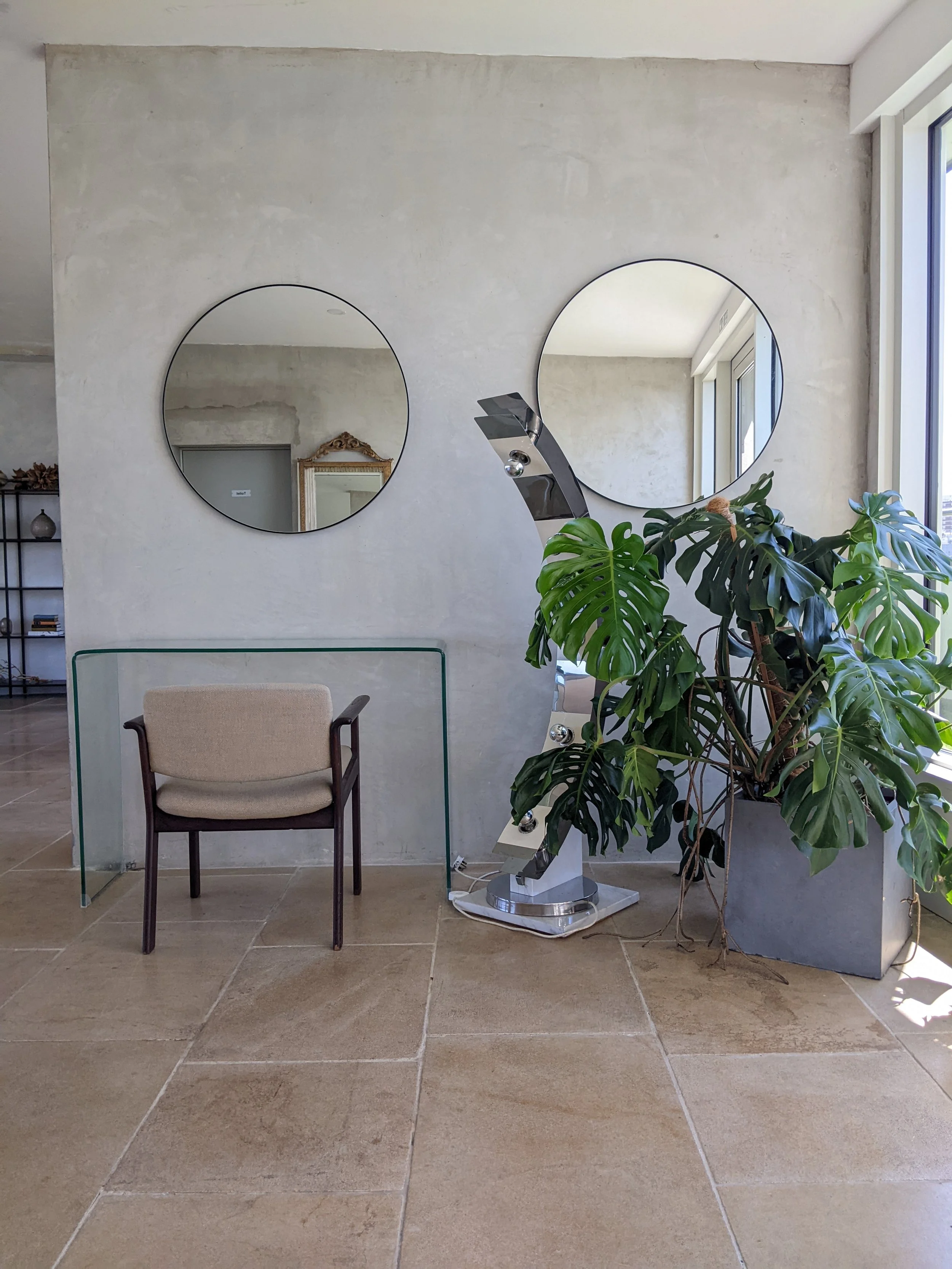 A modern interior space with a textured concrete wall, two round mirrors, a beige upholstered chair with a dark wood frame, a large green houseplant in a gray container, and a glass barrier.