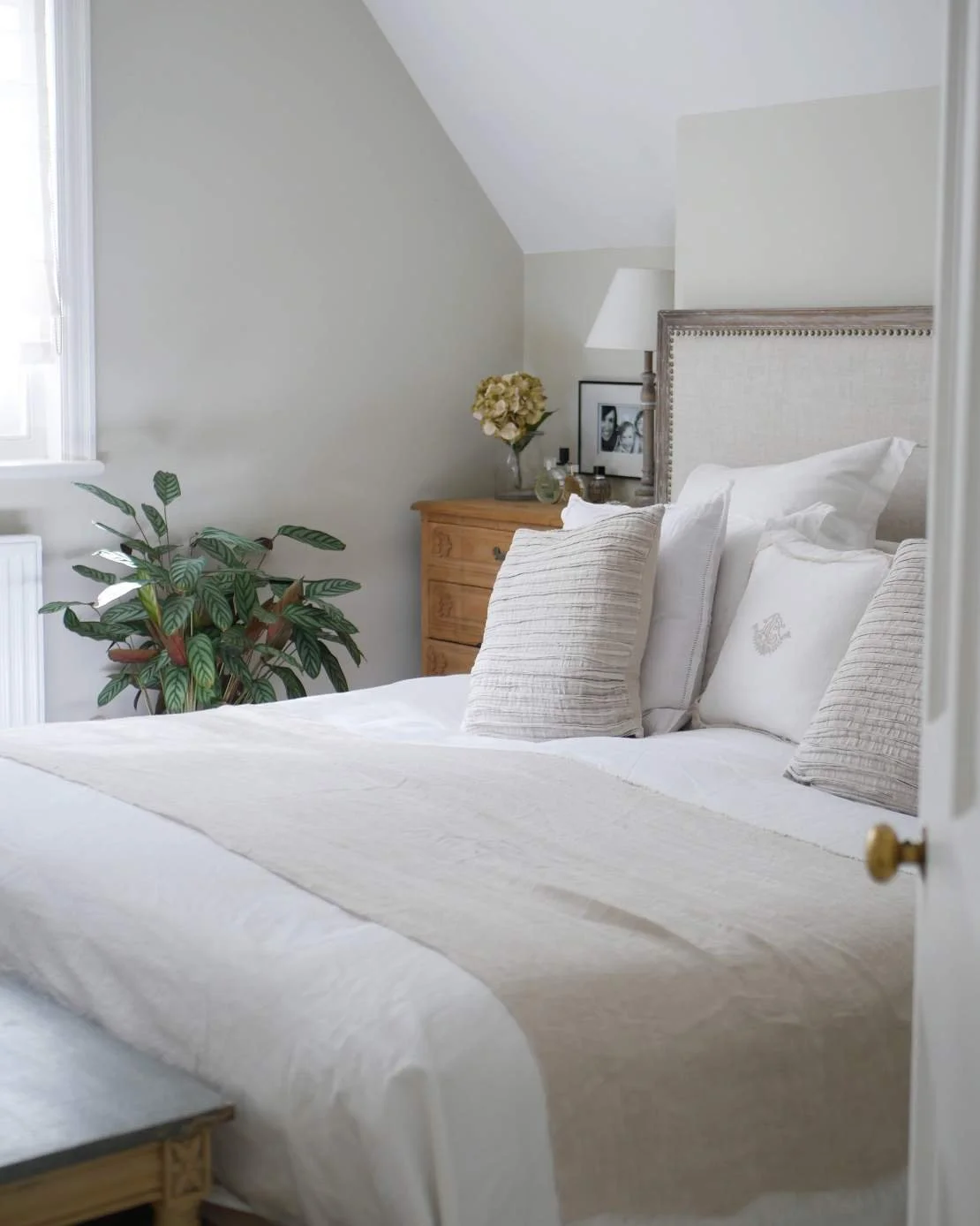 A neatly made bed with white bedding, multiple pillows, a wooden nightstand with a lamp, framed pictures, a vase with flowers, and a potted plant in the corner.