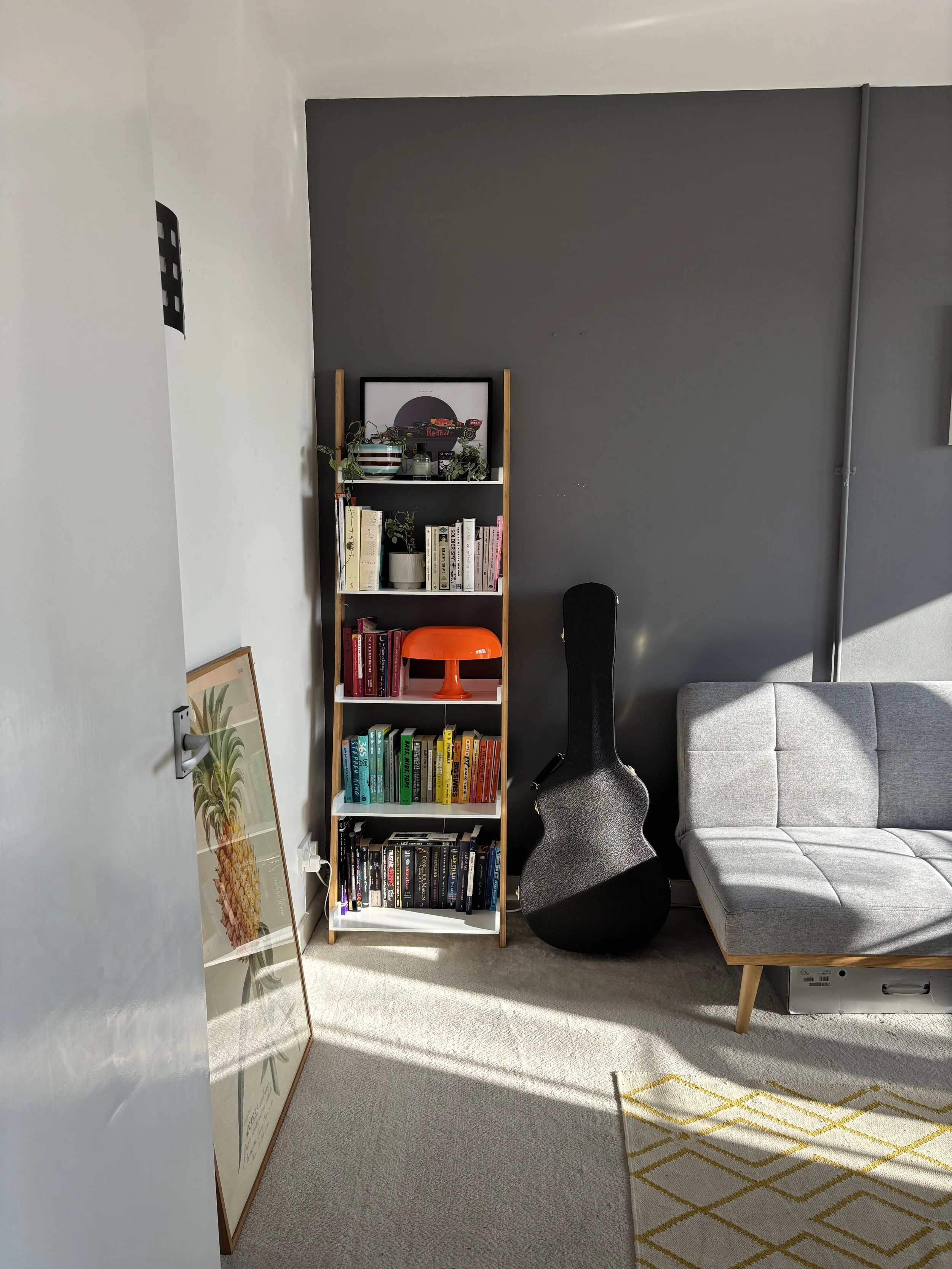 A corner of a living room with a gray wall, a bookshelf filled with books and decorative items, a black guitar case leaning against the wall, a gray sofa, a framed pineapple print leaning on the floor, and a yellow geometric patterned rug on beige ca