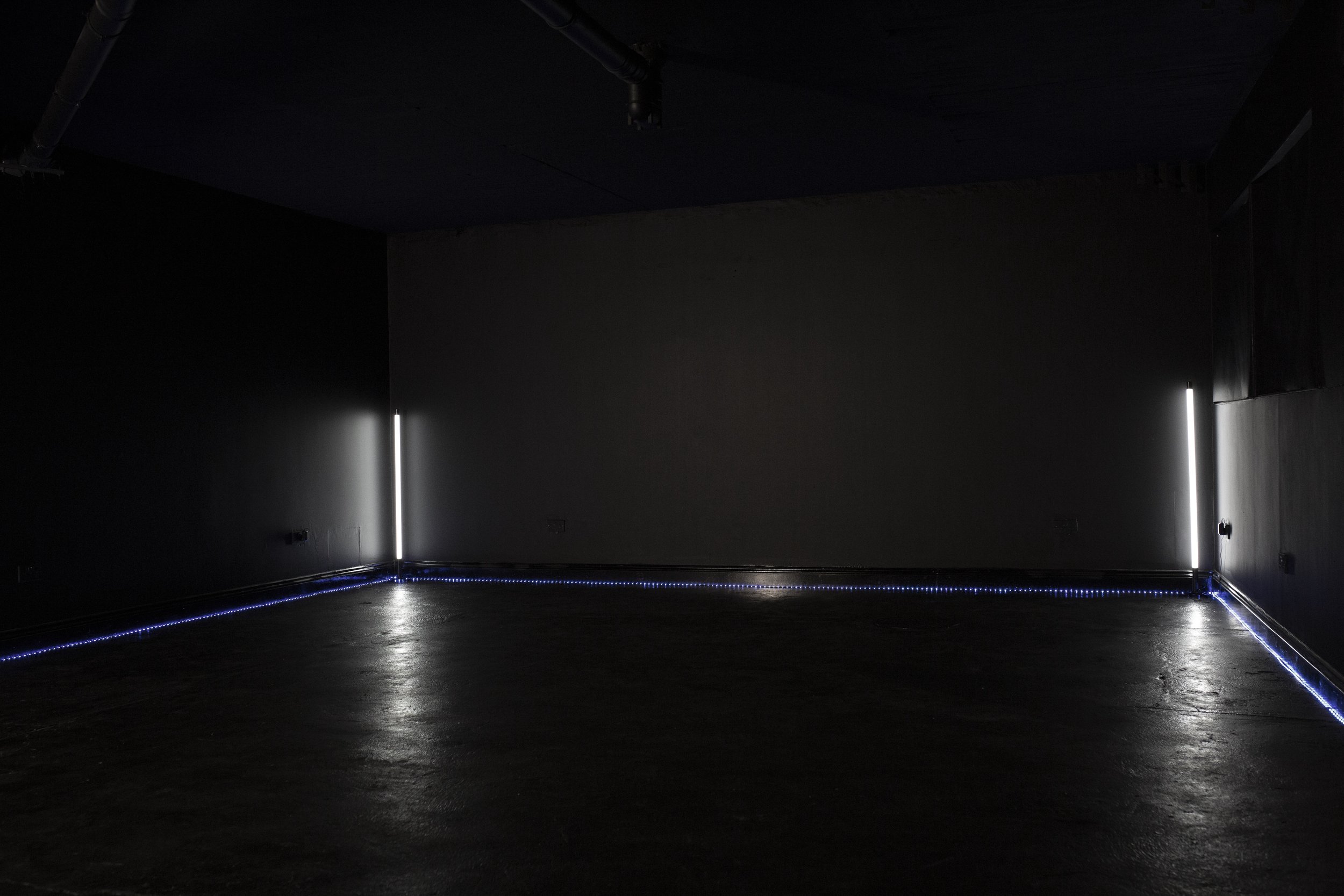 A dark, empty room illuminated by vertical white light strip lights on side walls and blue LED strip lights along the baseboards.