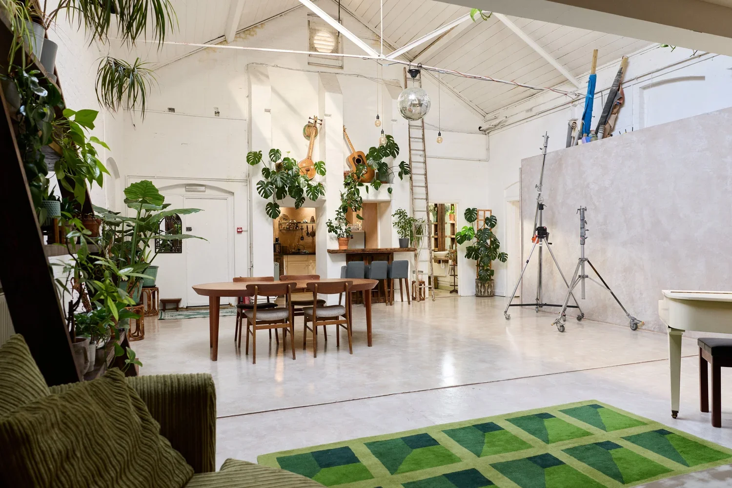 Spacious indoor room with high vaulted ceiling, decorated with large potted plants, a wooden dining table with chairs, a green patterned rug, and photography equipment including tripods. A ladder leaning against the wall and guitars hanging are also 