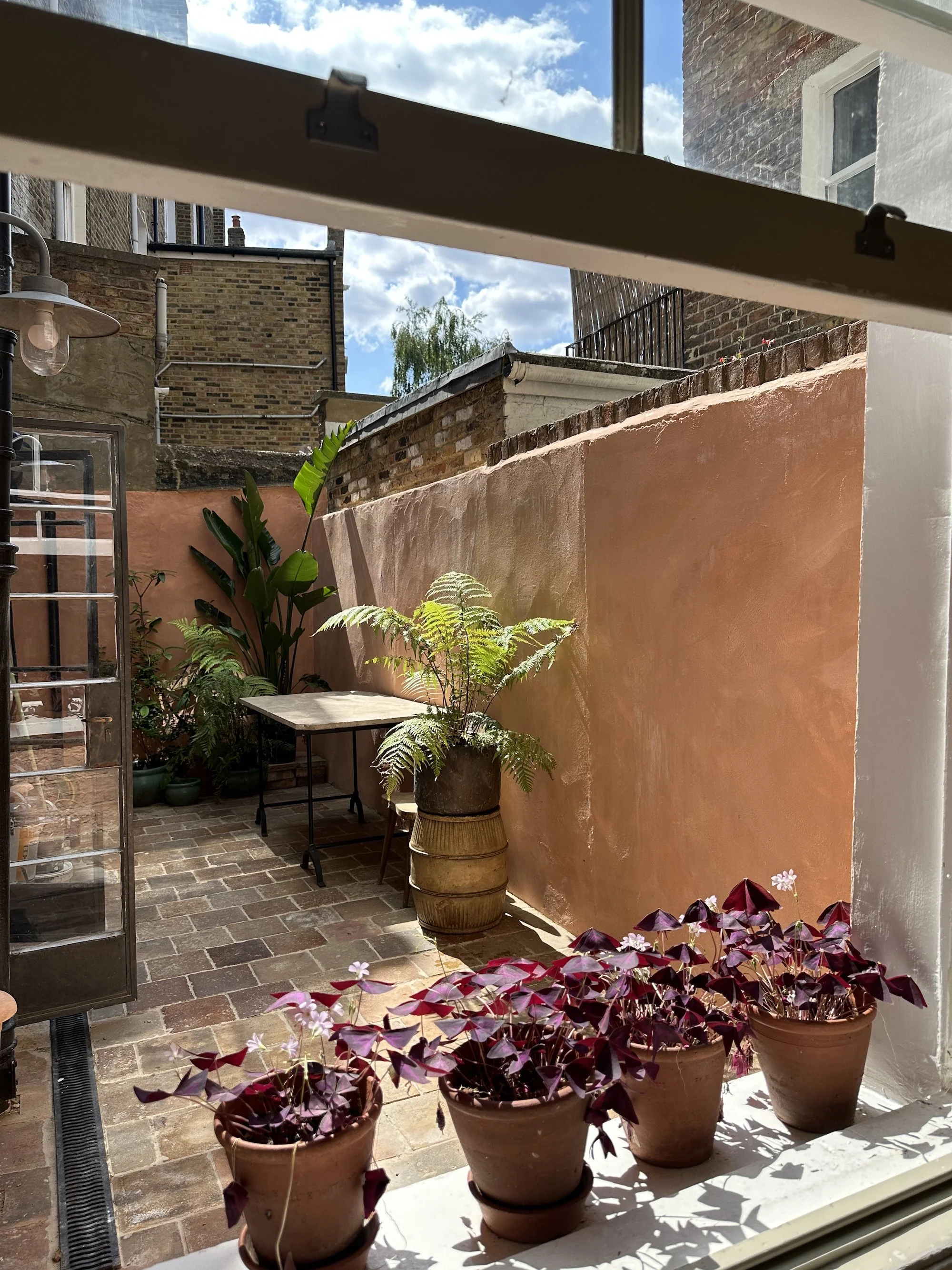 View of a small rooftop patio with potted plants, brick flooring, and a pink stucco wall, seen through a window.