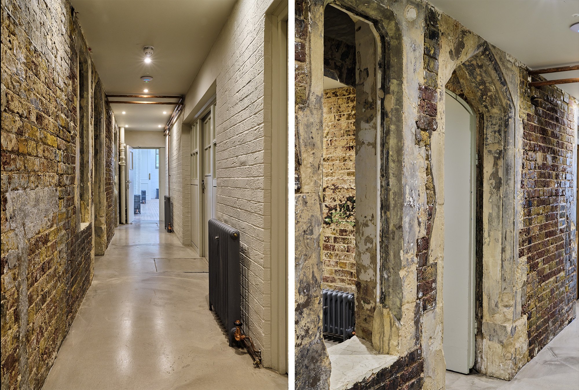 Comparison of a hallway with finished walls on the left side and exposed brick and concrete on the right side, showing renovation stages.