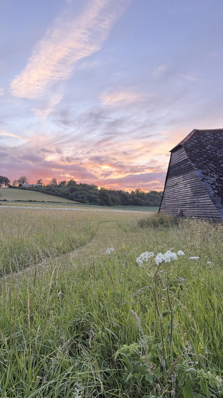 Sunset over a grassy field with a worn barn on the right side and a dirt path leading into the distance.