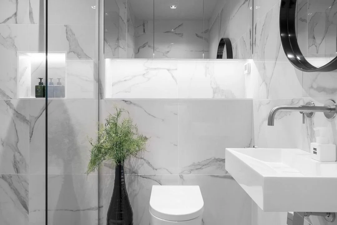 Modern bathroom with marble walls, a white sink, a circular mirror, a toilet, and a tall black vase with green plant.