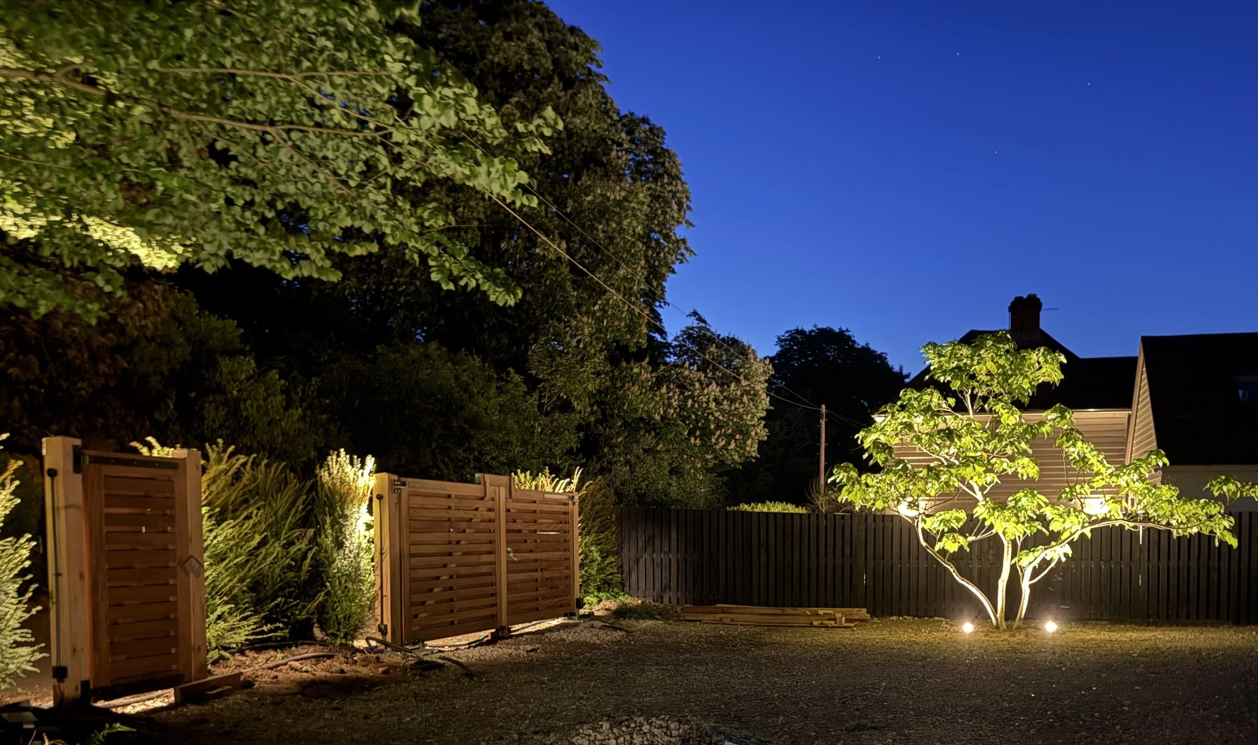 Nighttime backyard scene with illuminated tree, wooden fences, and neighboring house with a chimney, under a deep blue sky with a few visible stars.