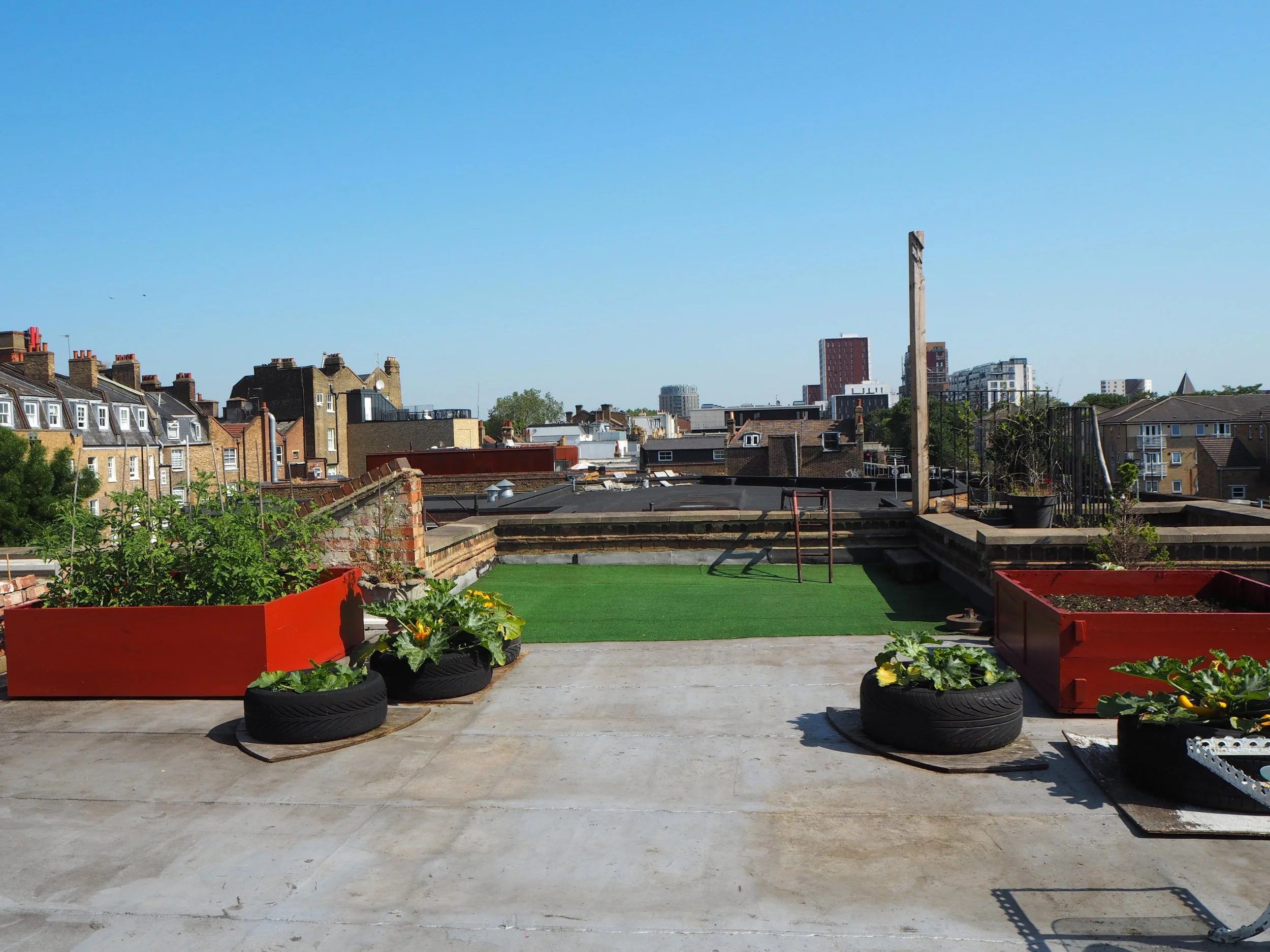 Rooftop garden with raised flower beds and planters, artificial grass, and cityscape background with various buildings and a clear blue sky.