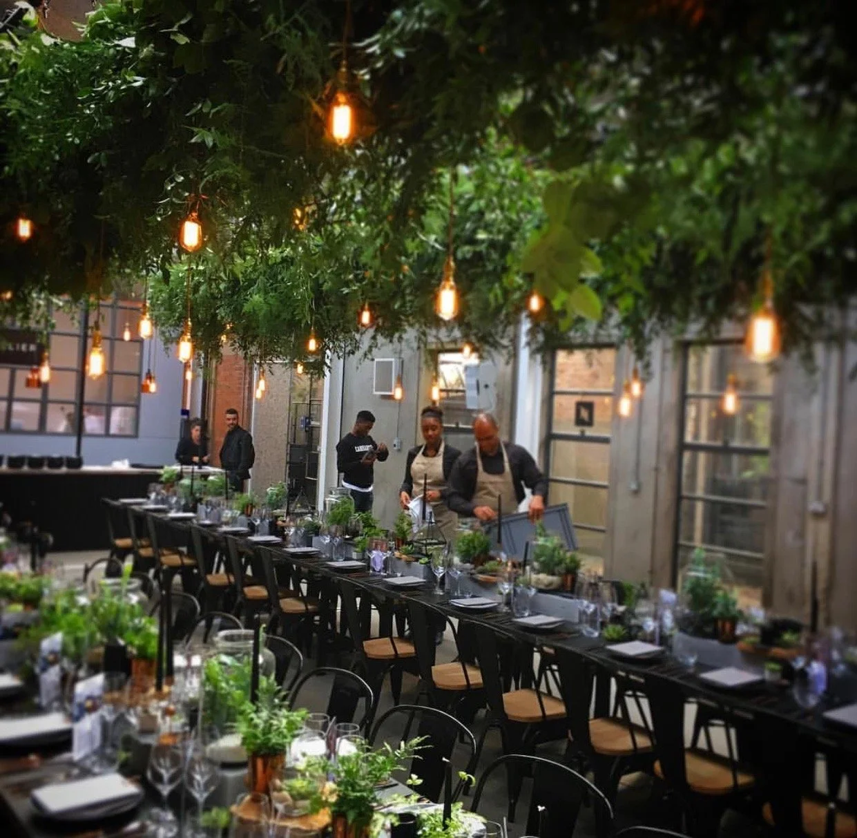 Indoor dining area decorated with hanging lights and green plants, with a long table set for a meal and staff preparing food in the background.